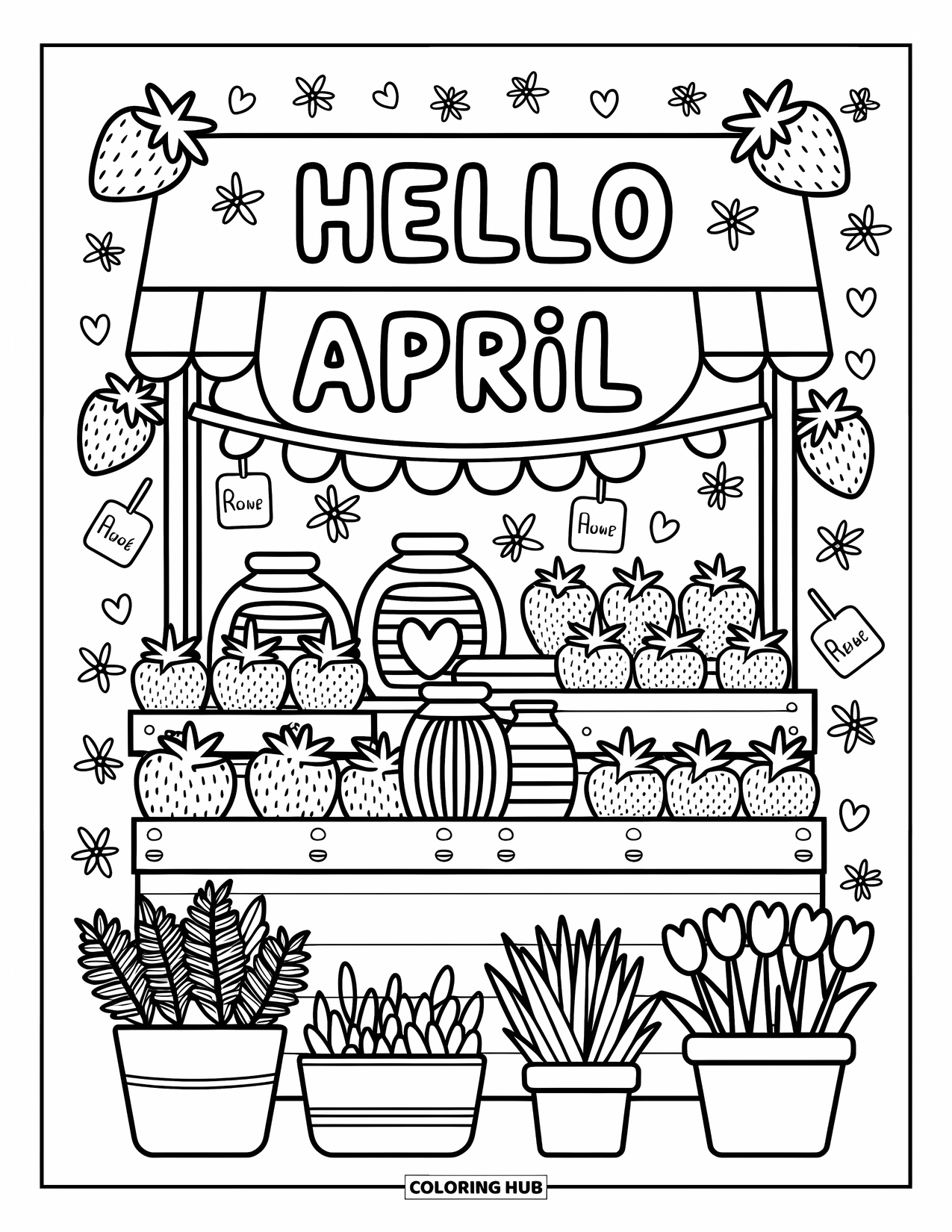 April Coloring Page for Adults: Berries, herbs, and tulips at a stall under a cheerful "Hello April" banner