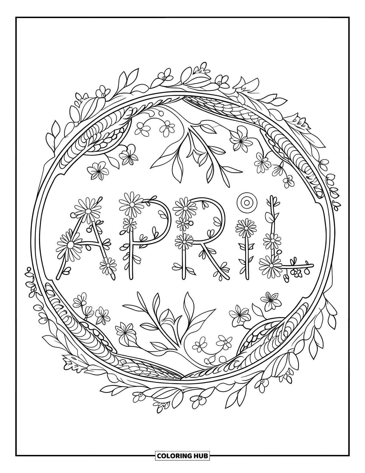 April Coloring Page for Adults: Blossoming vines and floral mandala patterns surrounding the word "April"