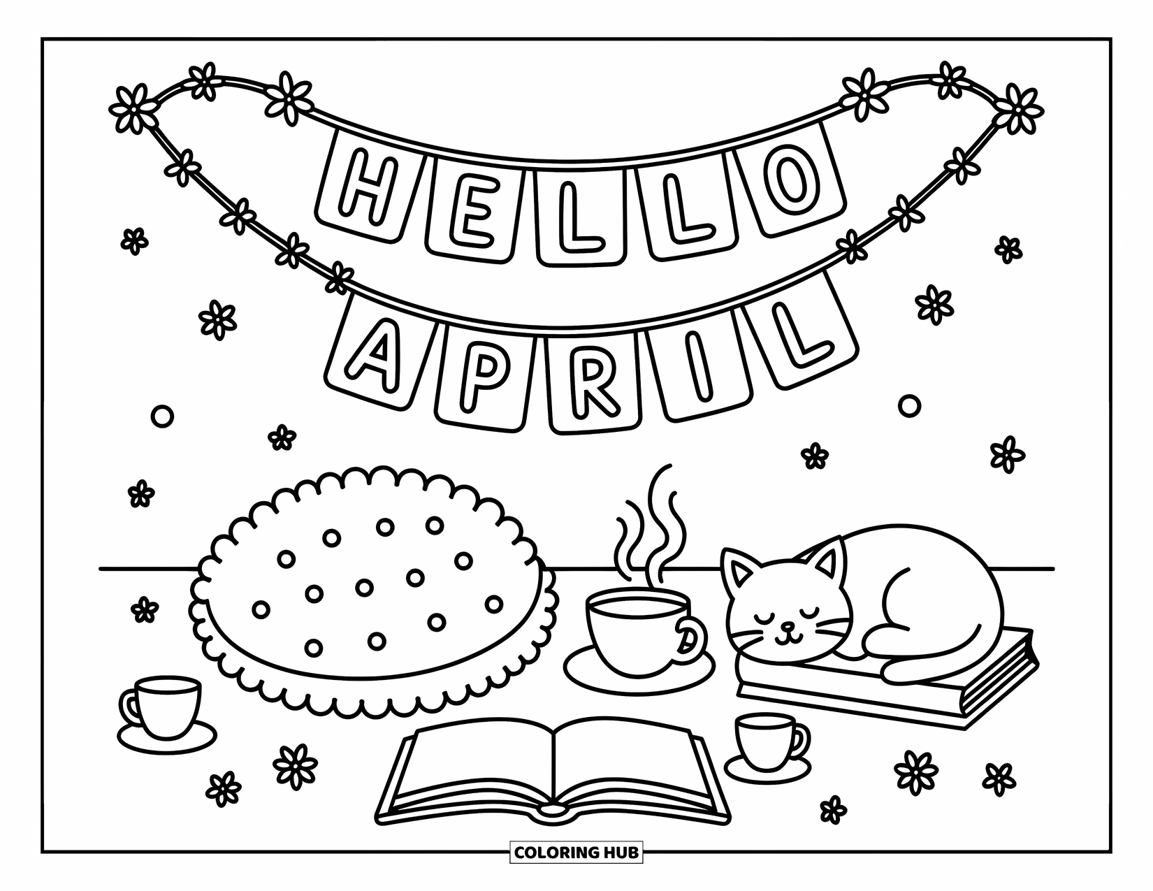 April Coloring Page for Adults: Cat, book, and cushion below a cute "Hello April" bunting