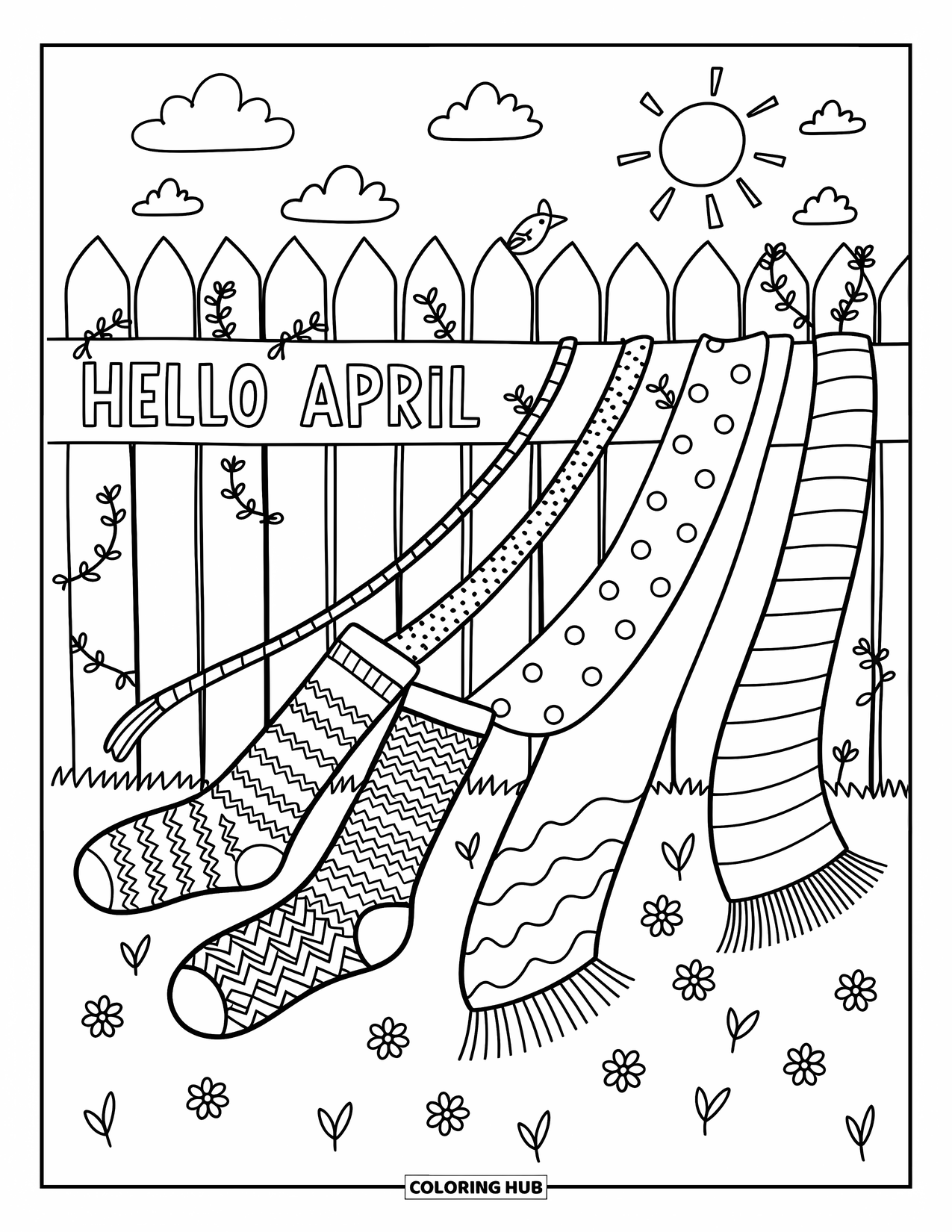 April Coloring Page for Adults: Clothesline with socks and scarves above a fence that says "Hello April"