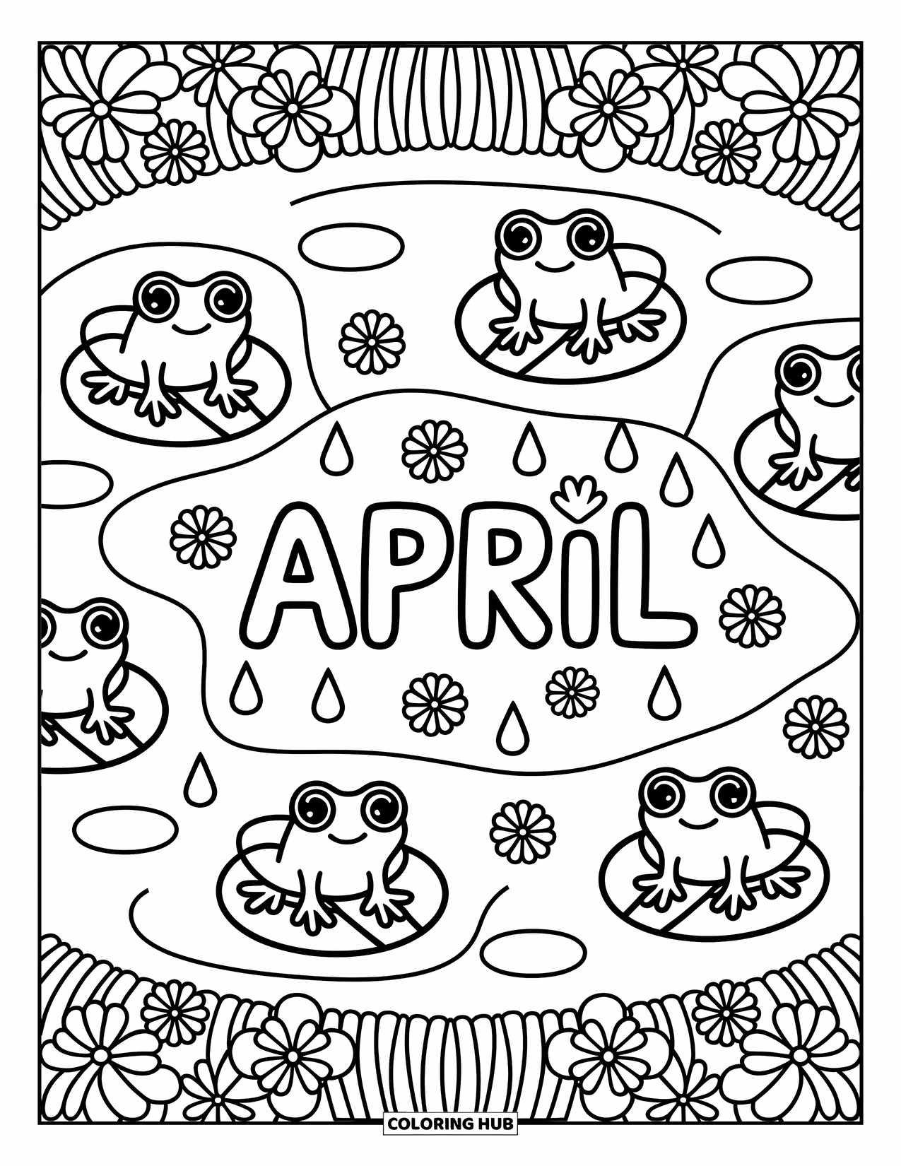 April Coloring Page for Adults: Frogs on lily pads and flowers around a puddle that says "April"