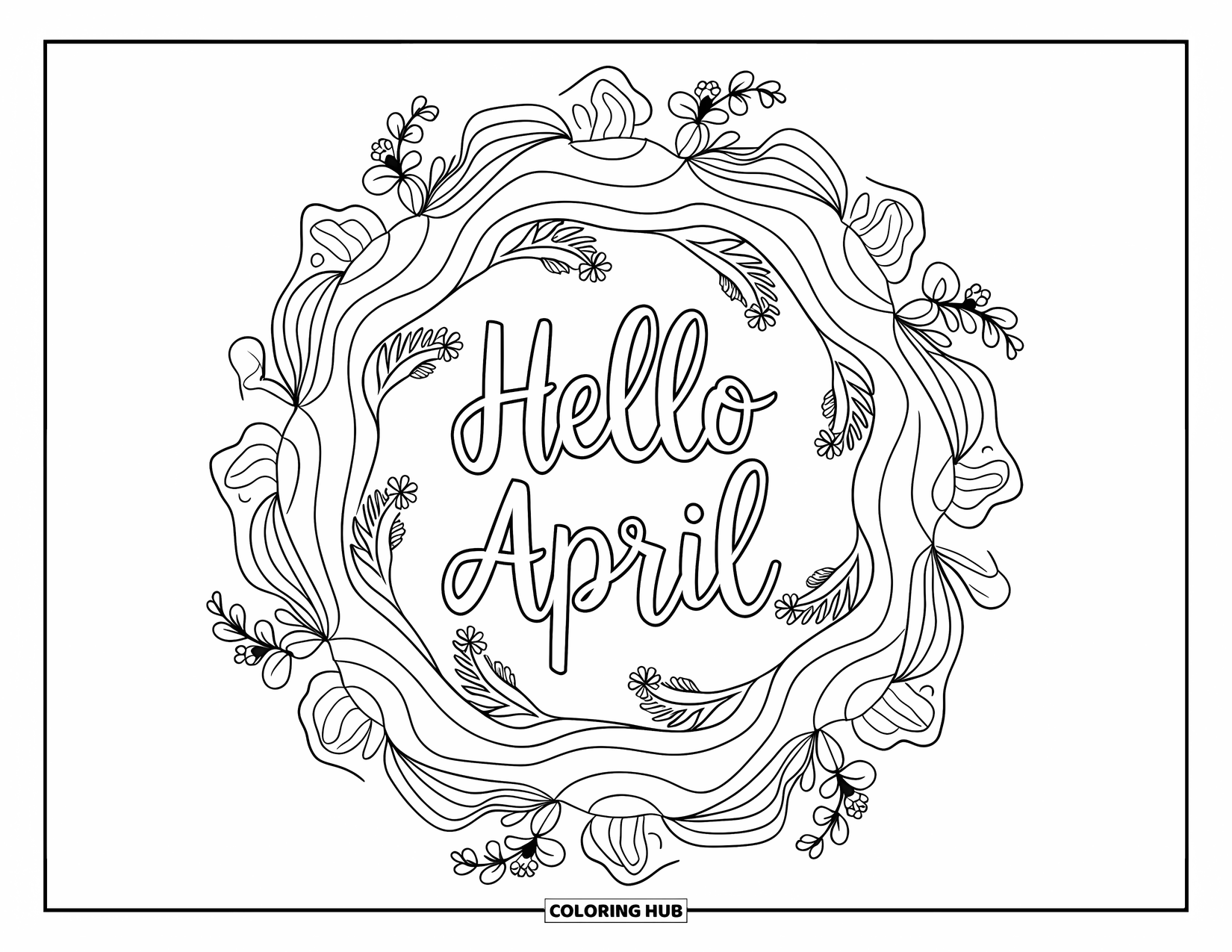 April Coloring Page for Adults: "Hello April" centered in a mandala of leaves, waves, and spring flowers