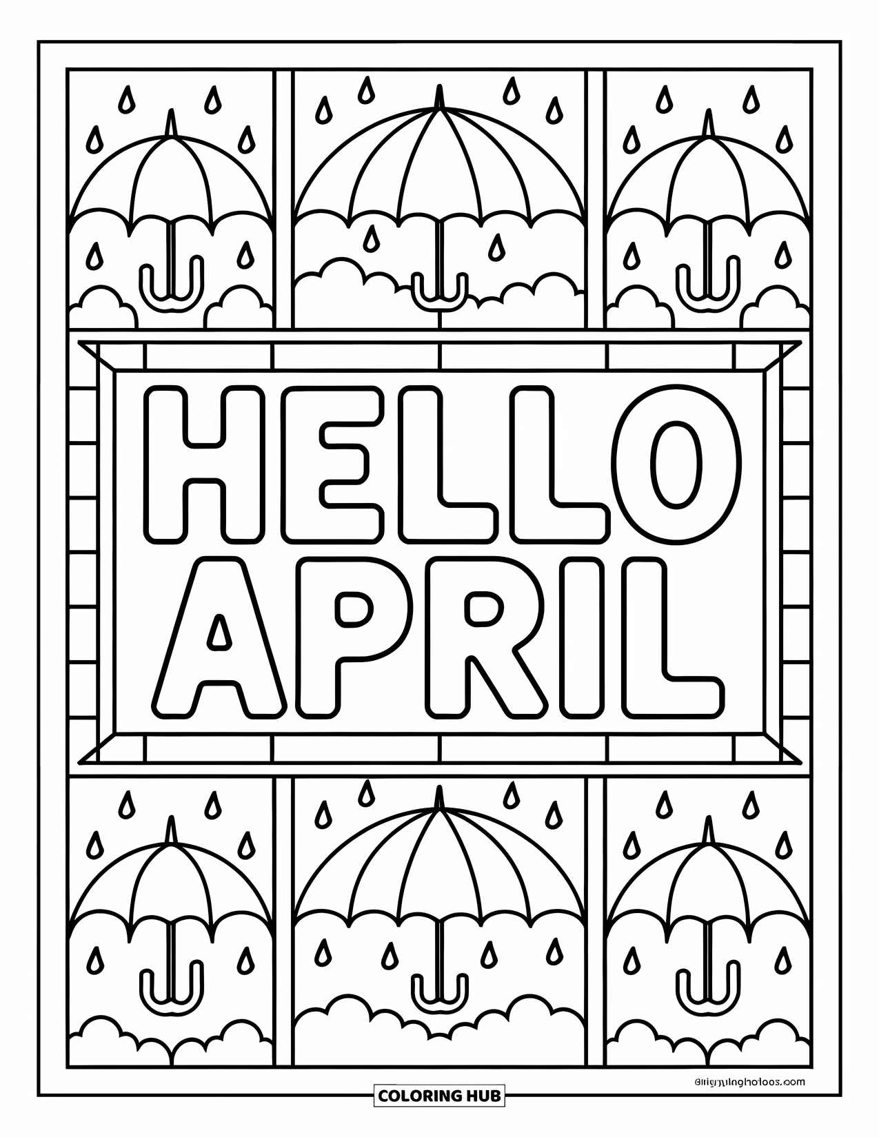 April Coloring Page for Adults: "Hello April" centered in a stained glass-style rain-themed frame