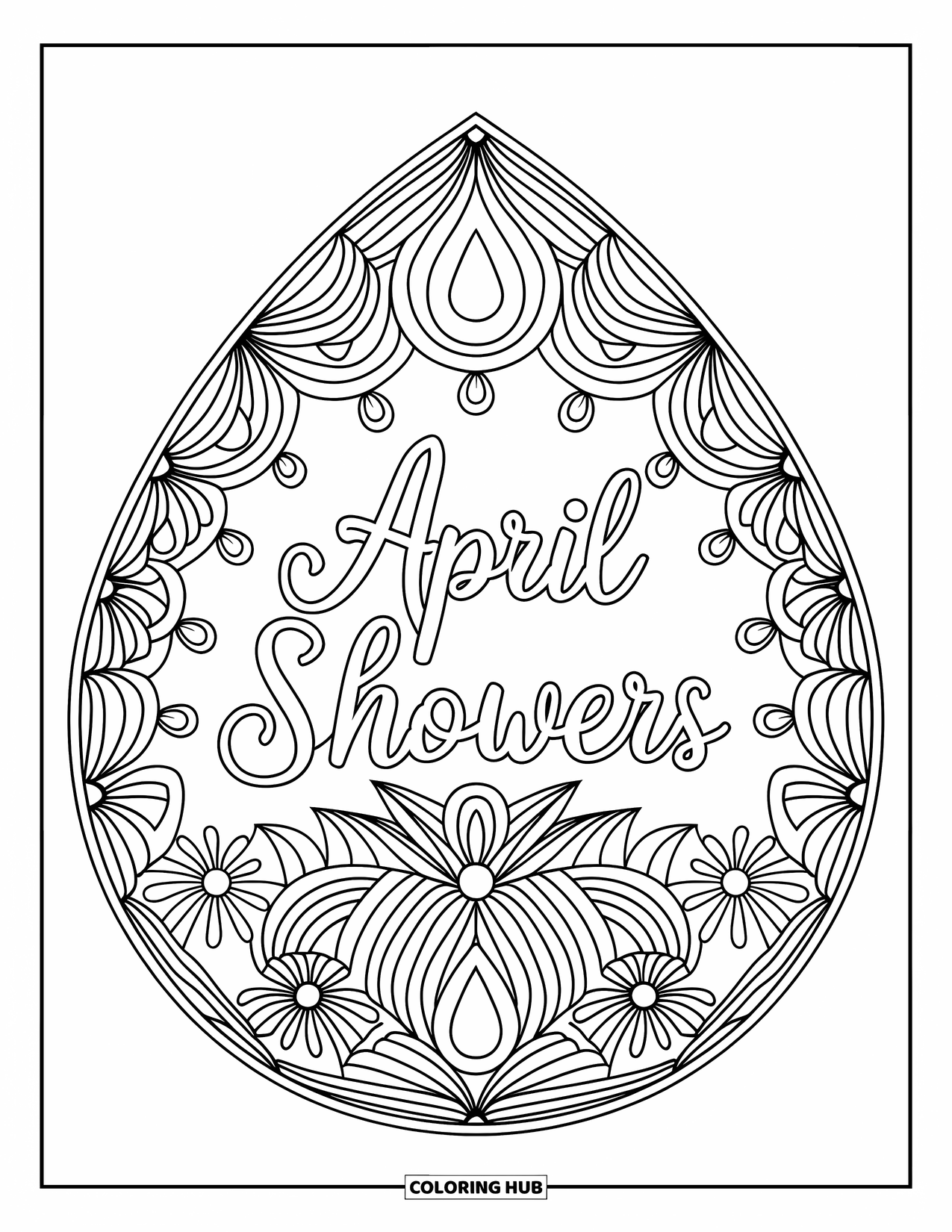 April Coloring Page for Adults: Mandala of raindrops and spirals around the words "April Showers"