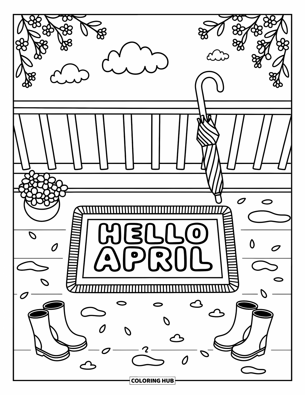 April Coloring Page for Adults: Puddles and cherry petals around a doormat that says "Hello April"