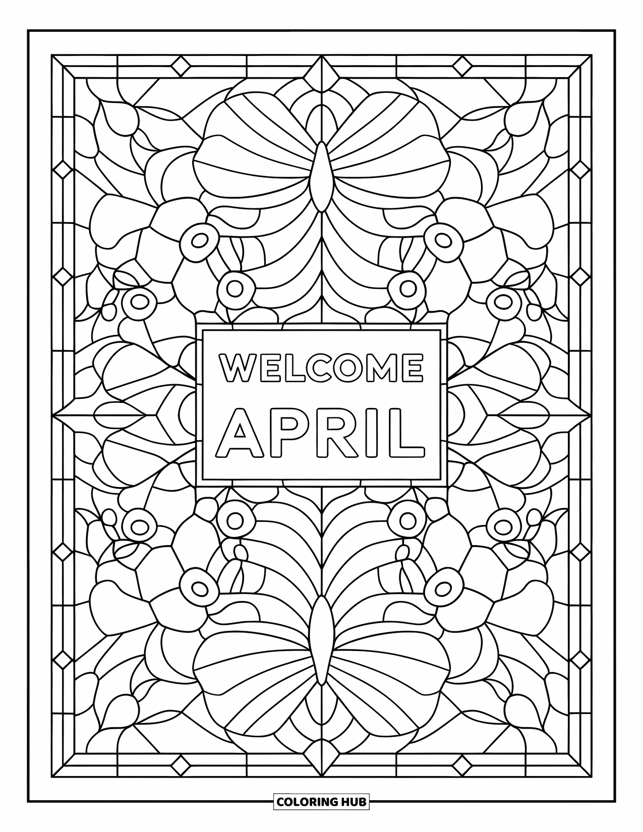 April Coloring Page for Adults: Stained glass butterflies and flowers around the text "Welcome April"