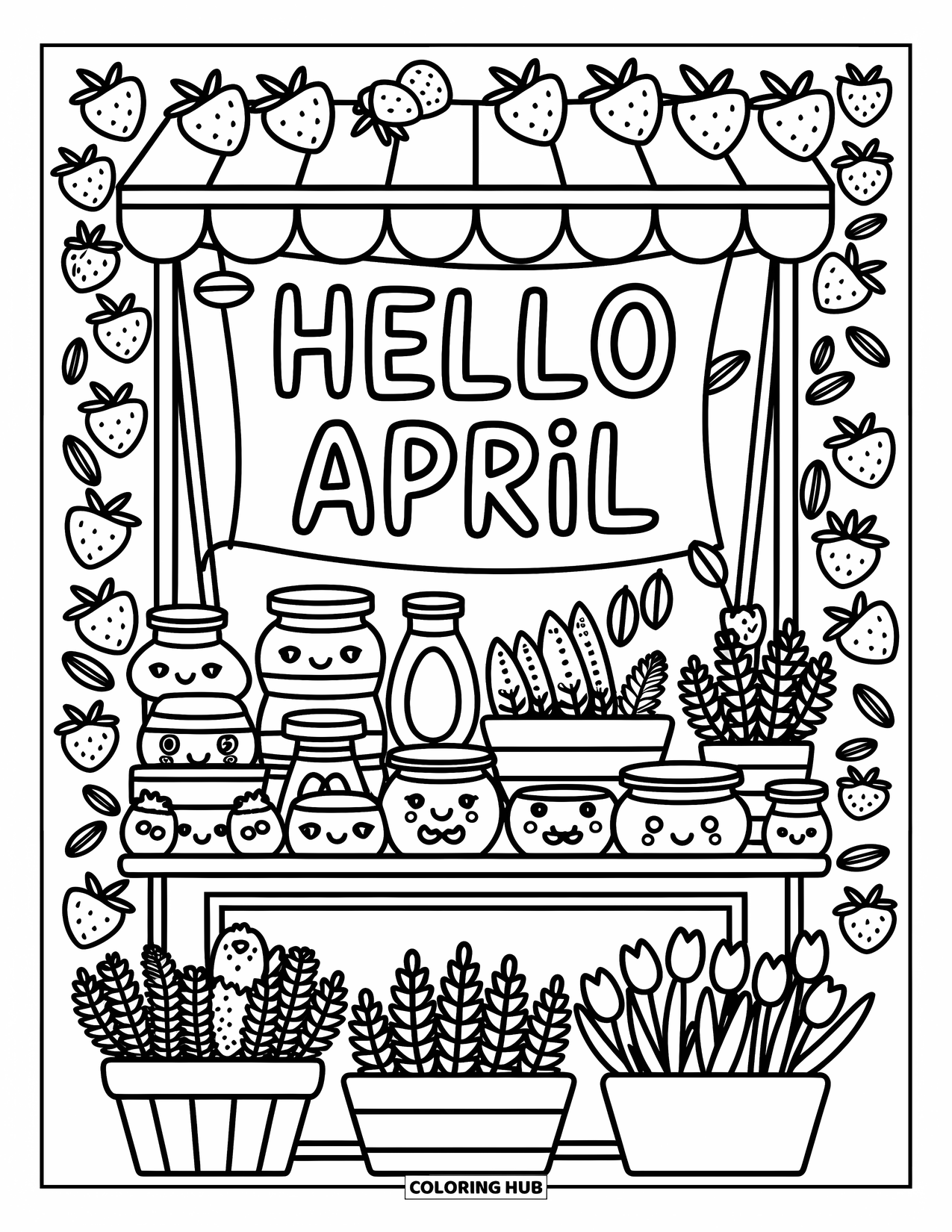 April Coloring Page for Adults: Strawberries and tulips at a cozy stall with a playful "Hello April" sign