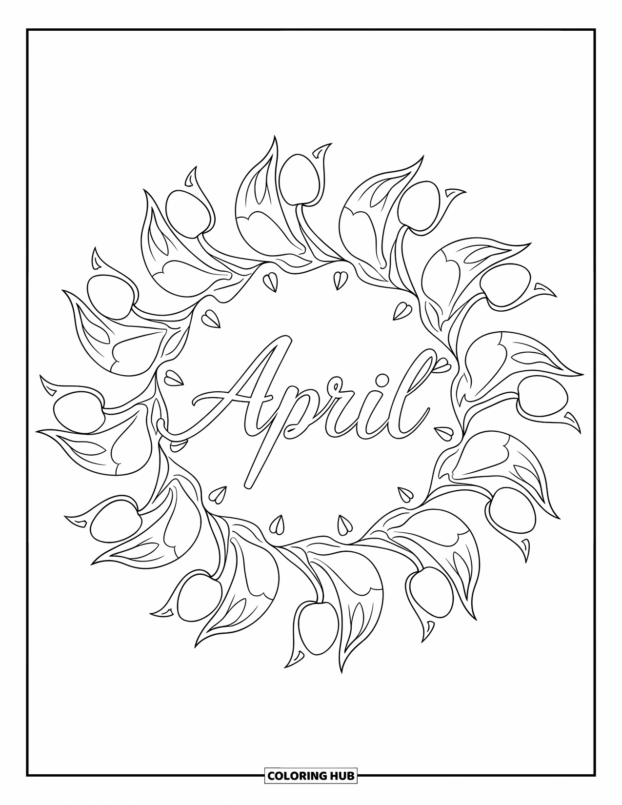 April Coloring Page for Adults: Swirling tulips and leaves form a full mandala around the word "April"