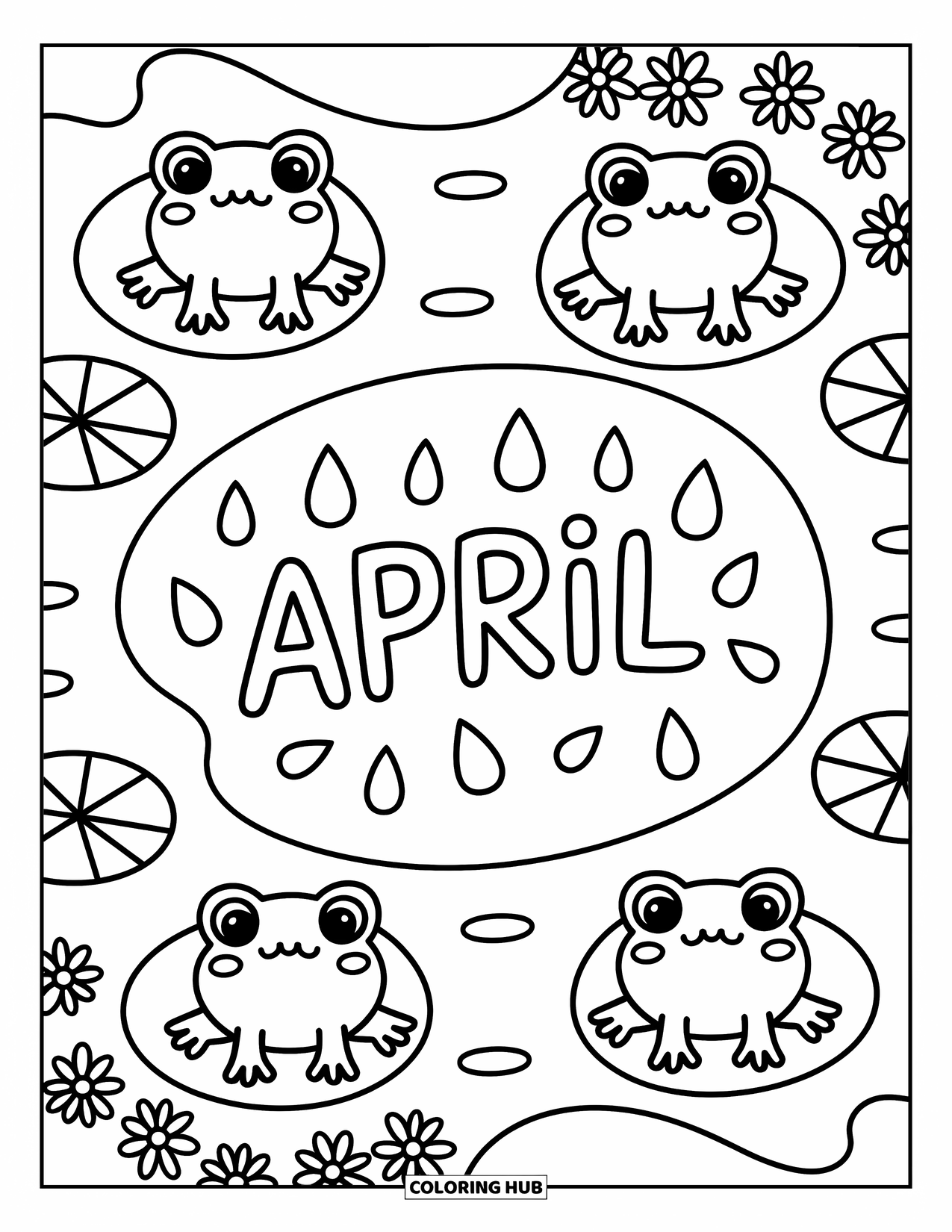 April Coloring Page for Adults: Tiny frogs in a spring pond with "April" in the center