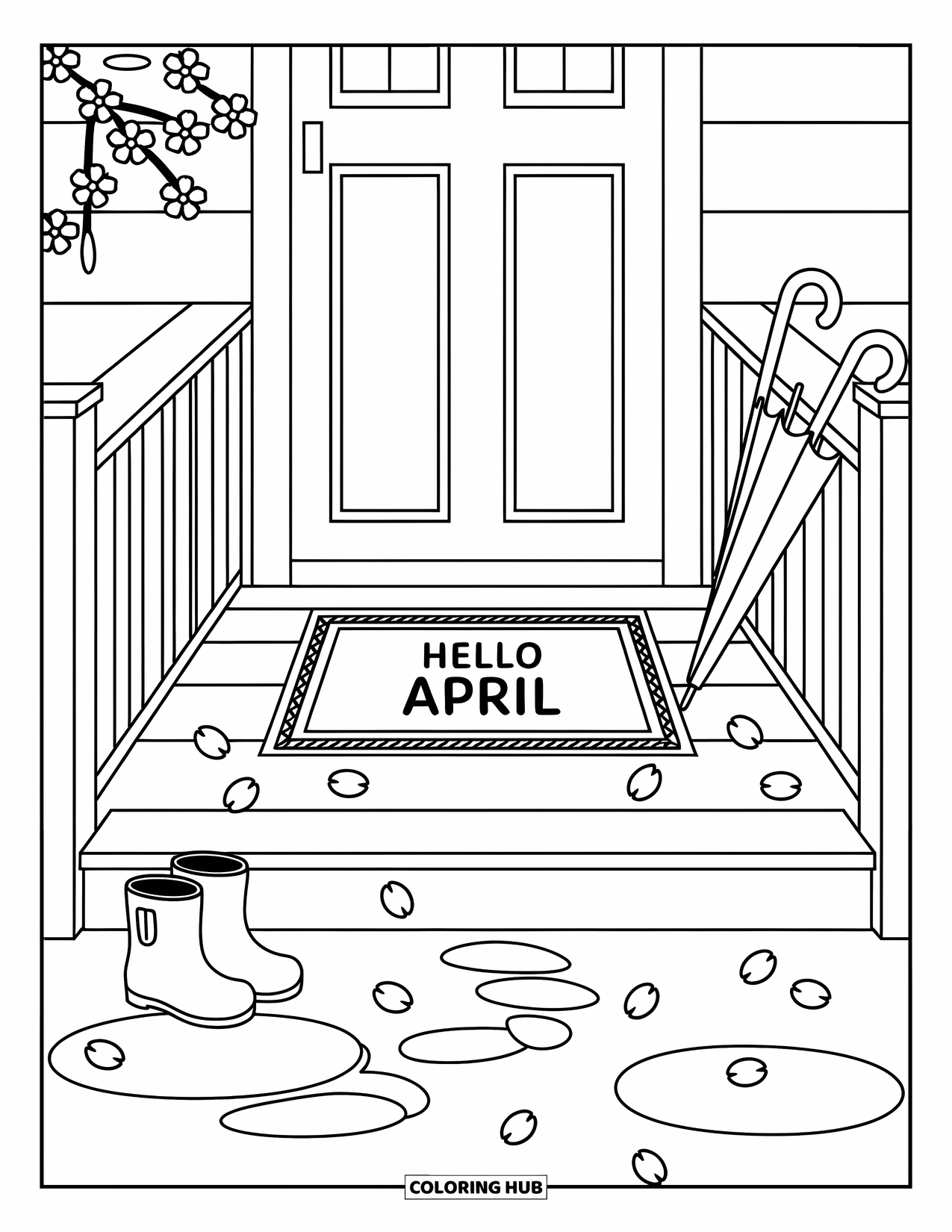 April Coloring Page for Adults: Umbrellas and boots on a porch with a "Hello April" mat