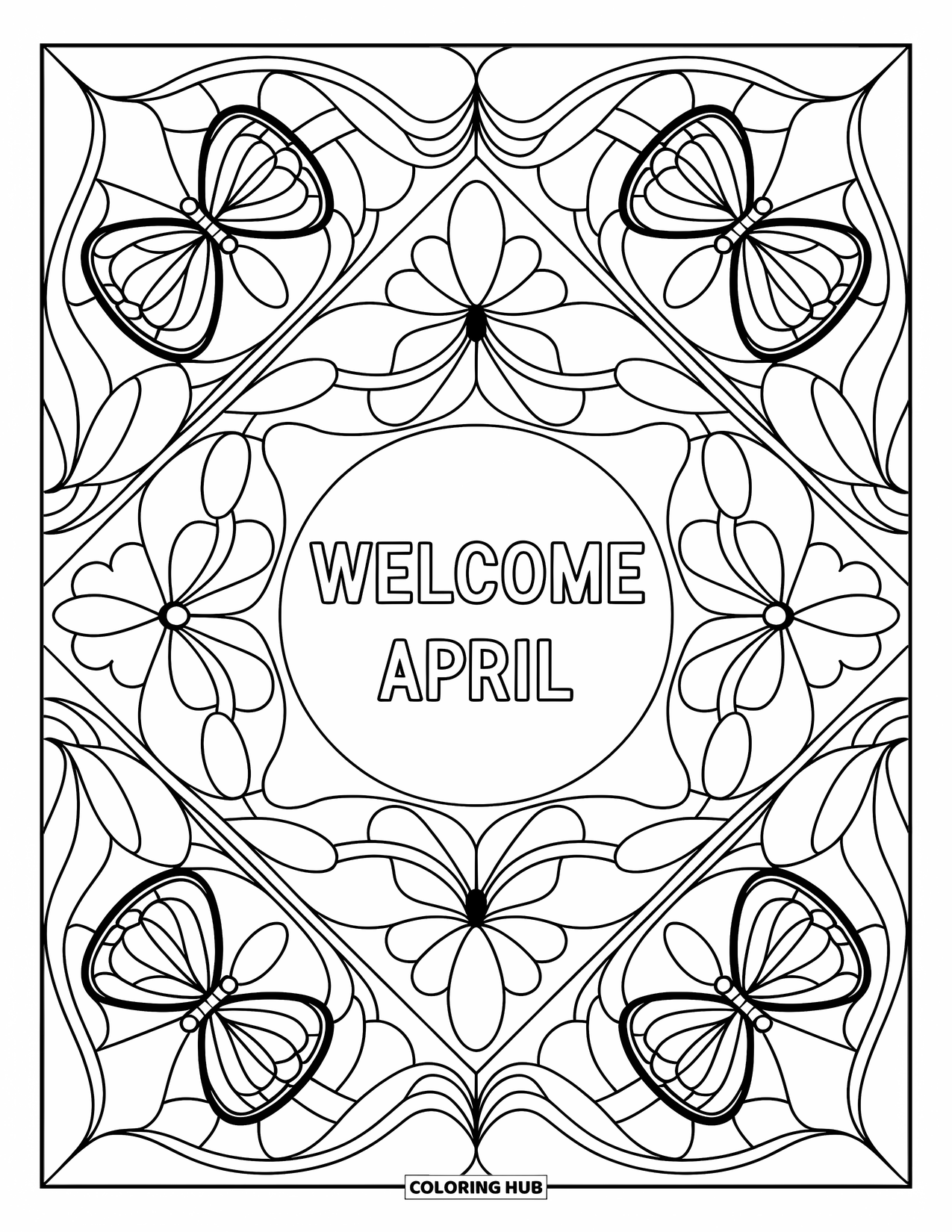 April Coloring Page for Adults: "Welcome April" surrounded by stained glass panels with butterflies and soft curves