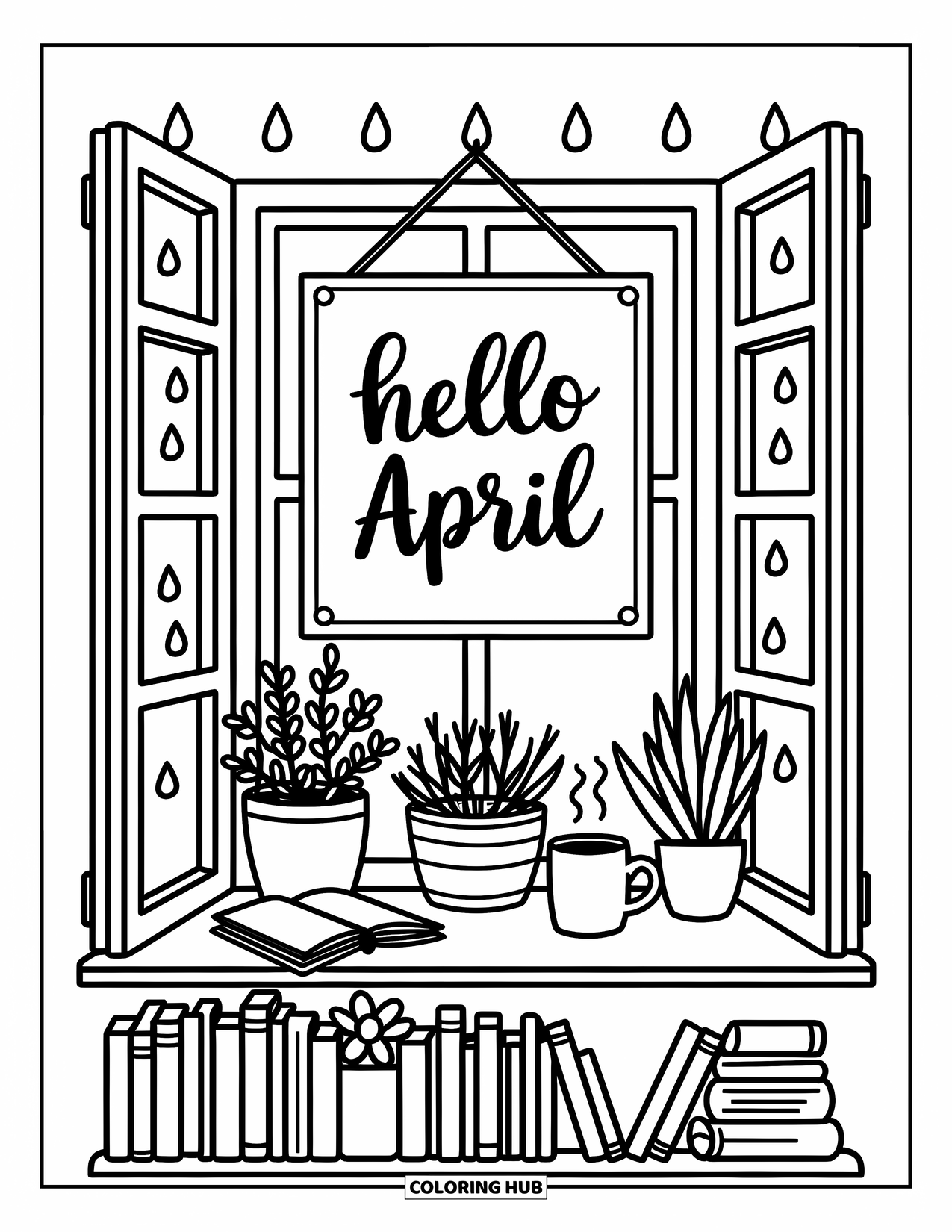 April Coloring Page for Adults: Windowsill with books, plants, and a framed "Hello April" print