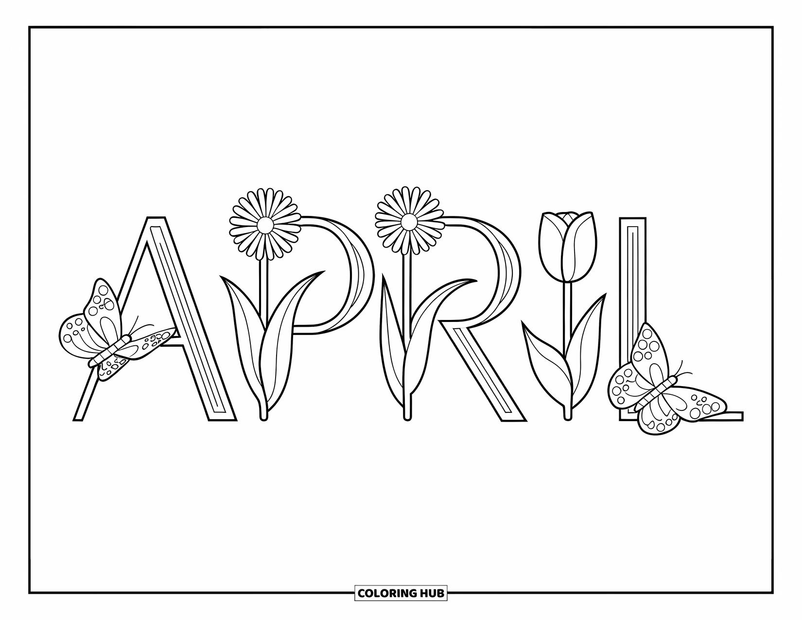 April Coloring Page for Kids: April letters adorned with tulips, daisies, and fluttering butterflies