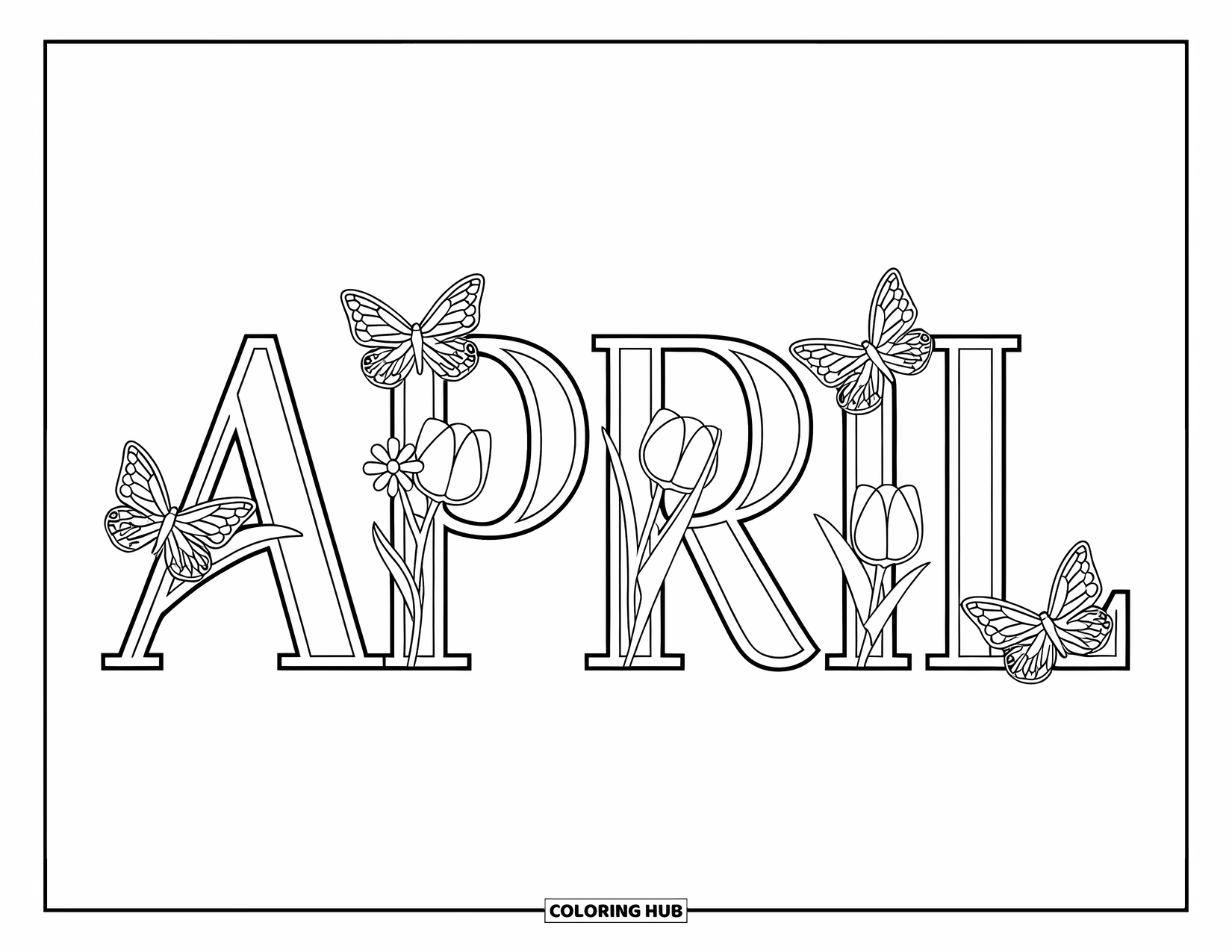 April Coloring Page for Kids: April letters covered in tulips, daisies, and butterflies resting on them