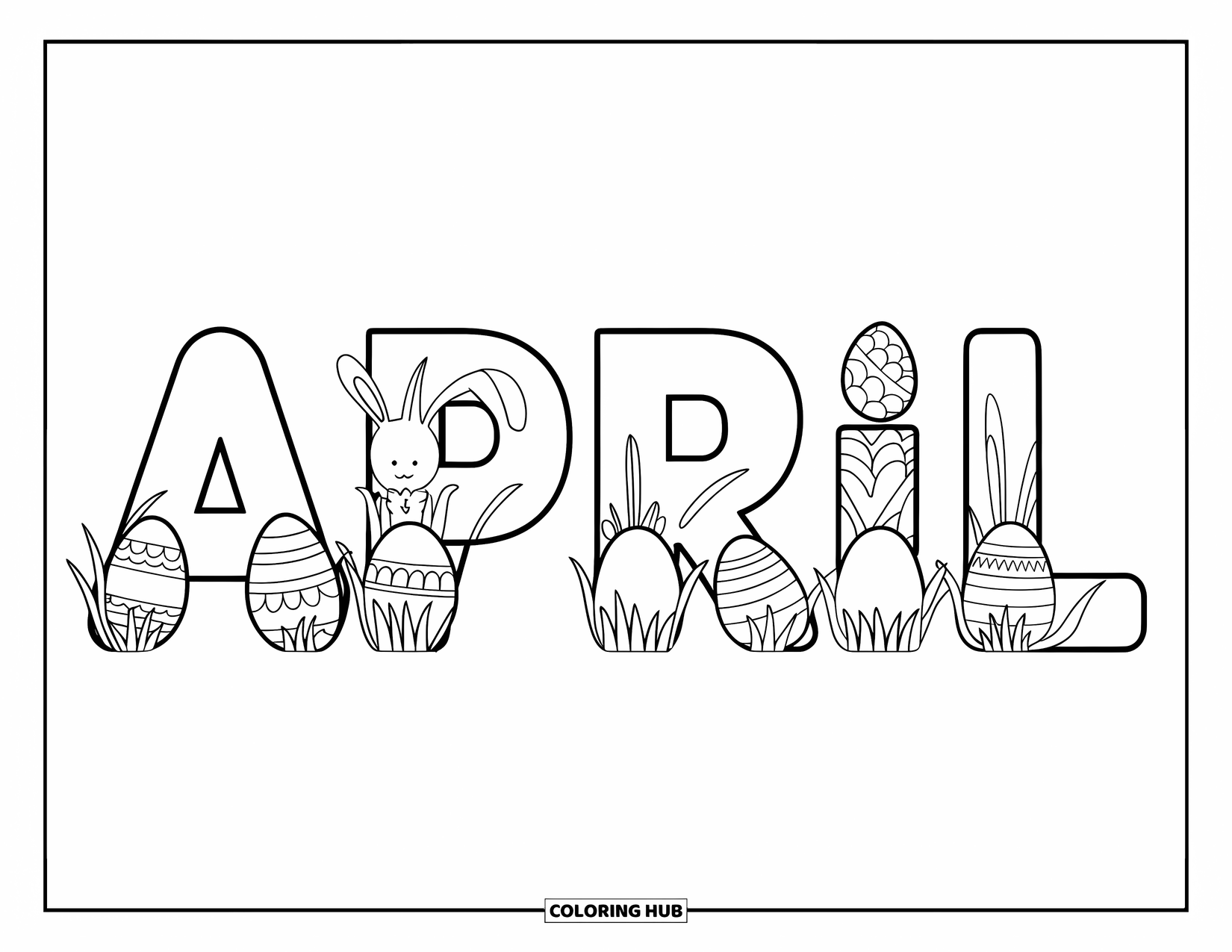 April Coloring Page for Kids: April letters filled with Easter eggs, bunny ears, and grass