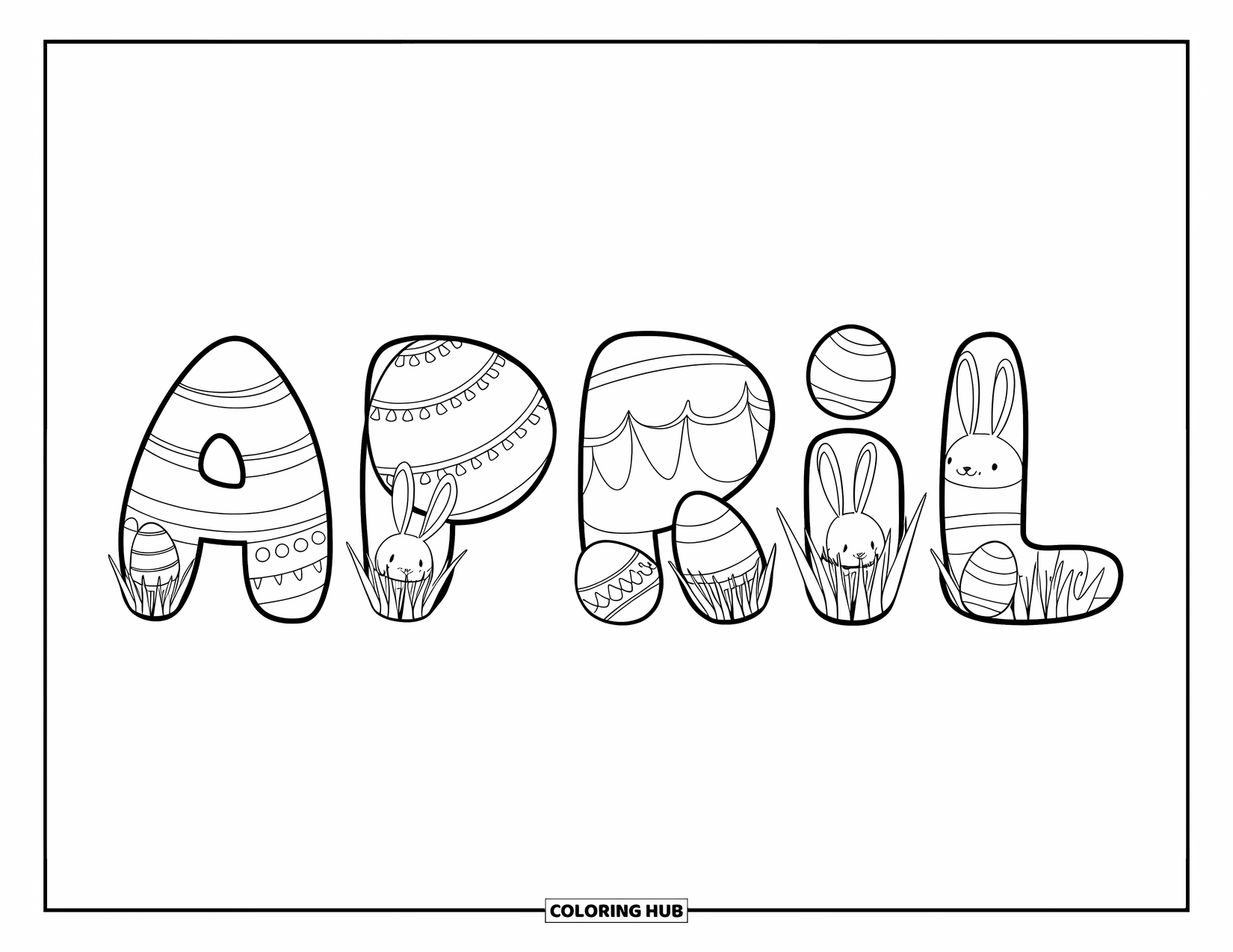 April Coloring Page for Kids: April word design with bunny ears, eggs, and blades of grass