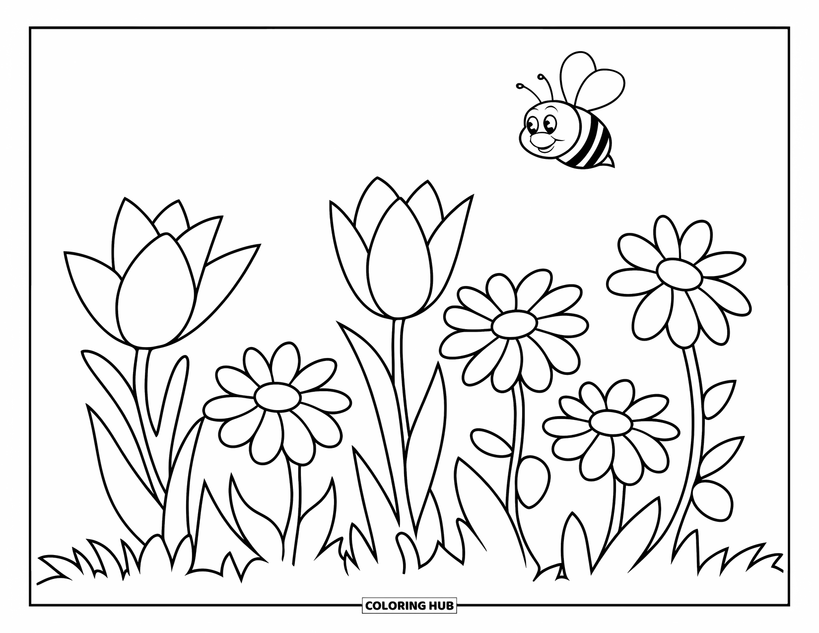 April Coloring Page for Kids: Bee flying over tulips and daisies in a bright garden