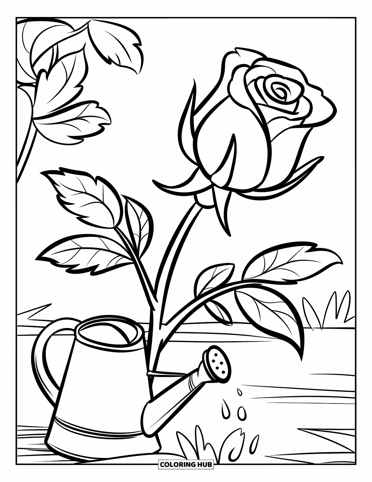 April Coloring Page for Kids: Blooming rose beside a watering can with bold outlines