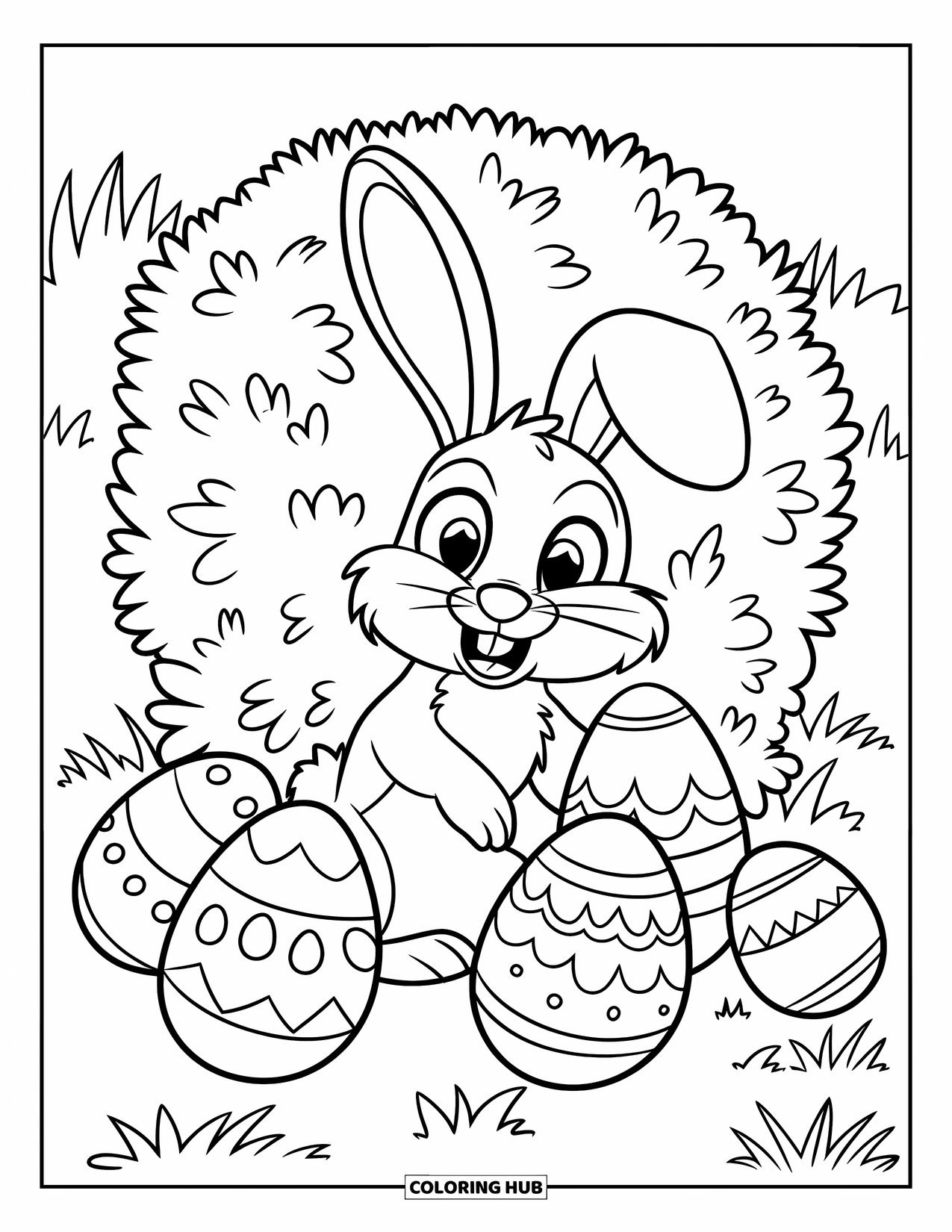 April Coloring Page for Kids: Bunny hiding behind a bush with Easter eggs nearby