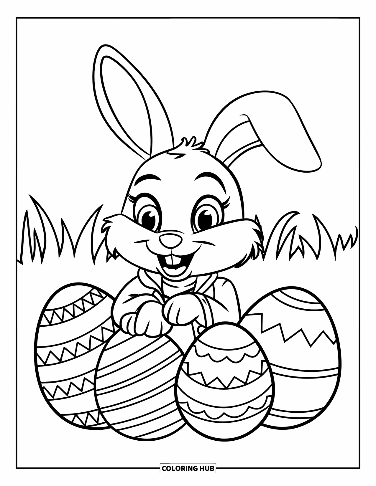 April Coloring Page for Kids: Bunny in a coat beside patterned Easter eggs in grass