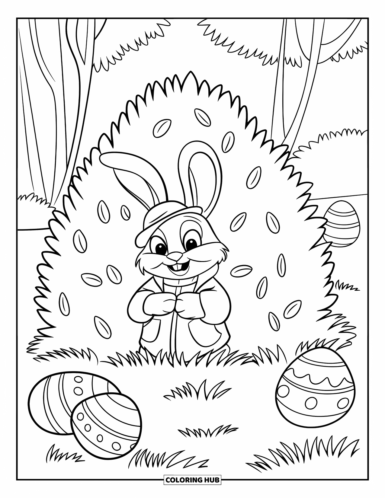 April Coloring Page for Kids: Bunny in a jacket hiding behind a bush with eggs