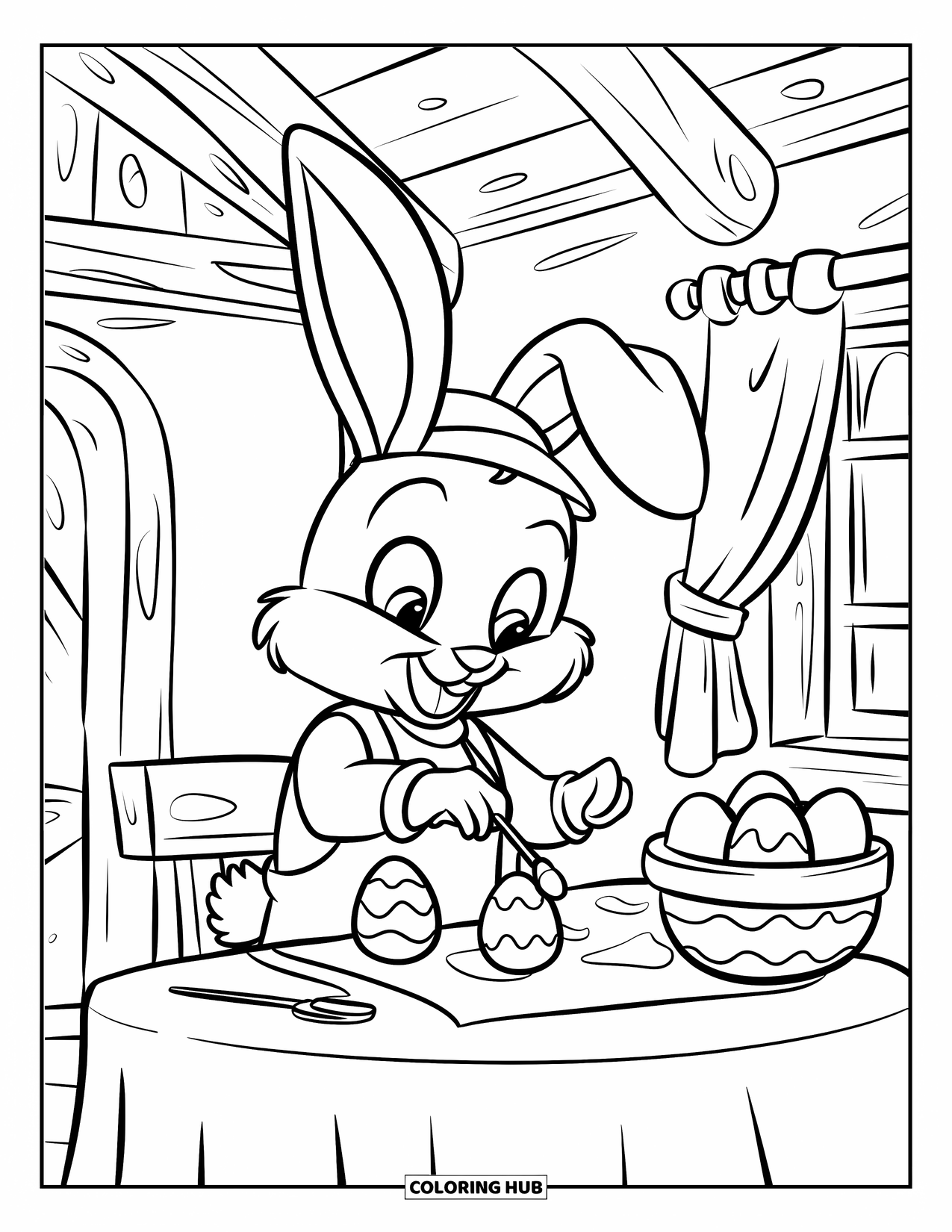 April Coloring Page for Kids: Bunny with an apron painting eggs next to a window