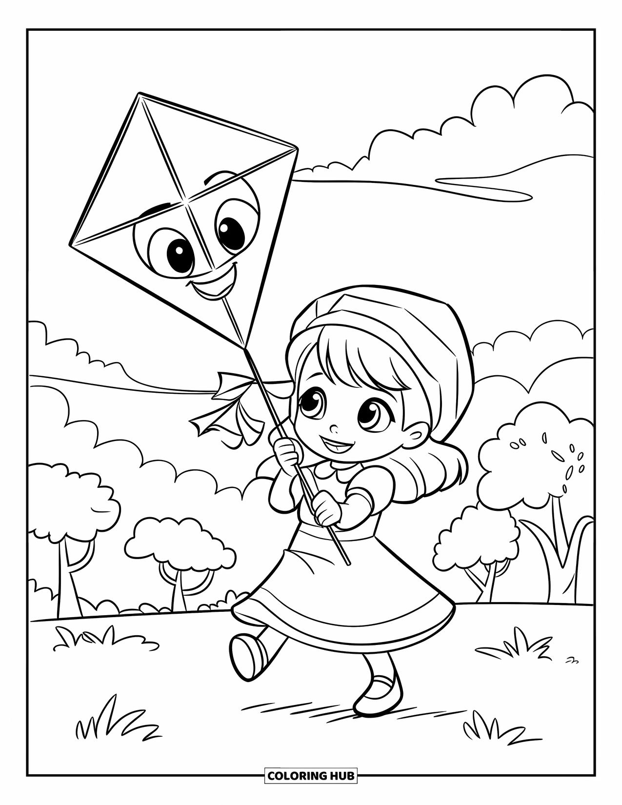 April Coloring Page for Kids: Chibi girl in a dress flying a happy-faced kite