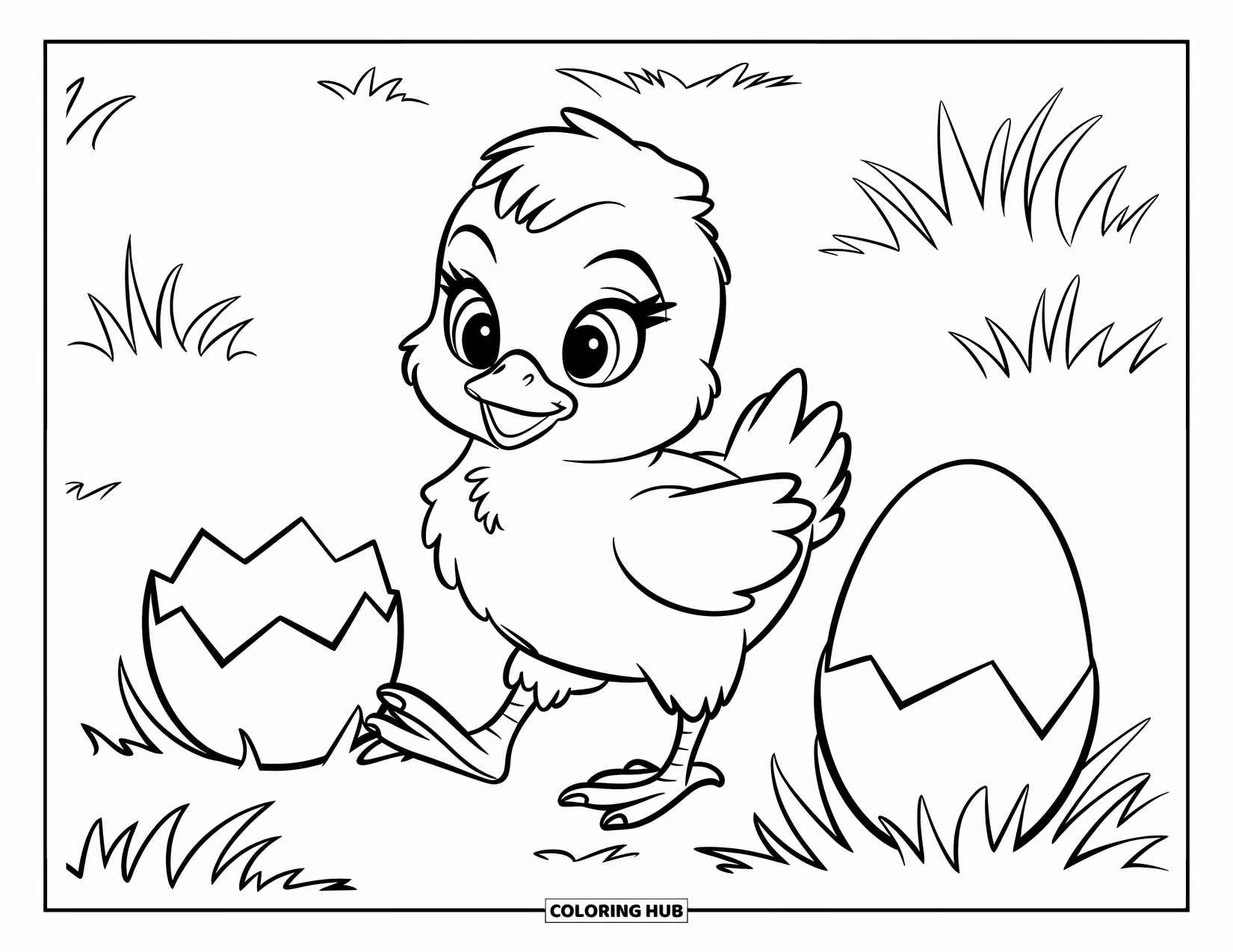 April Coloring Page for Kids: Chick in a hat walking near eggshells in the grass