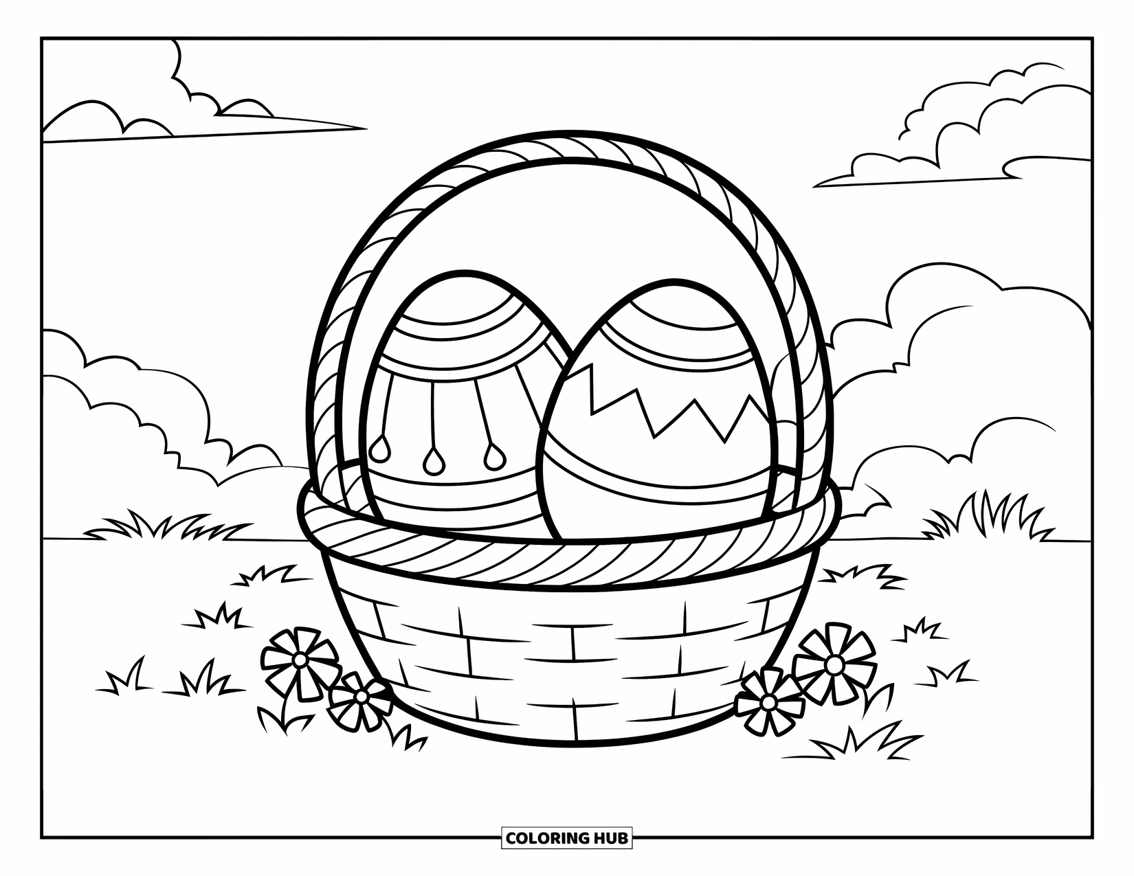 April Coloring Page for Kids: Decorated eggs in a basket under a sky with clouds