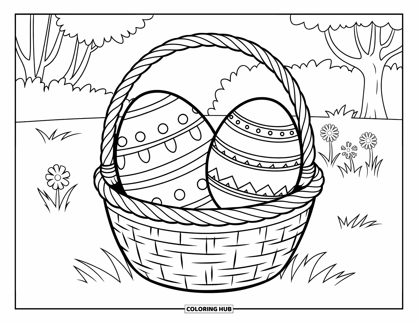 April Coloring Page for Kids: Egg-filled basket on grass with flowers and trees nearby