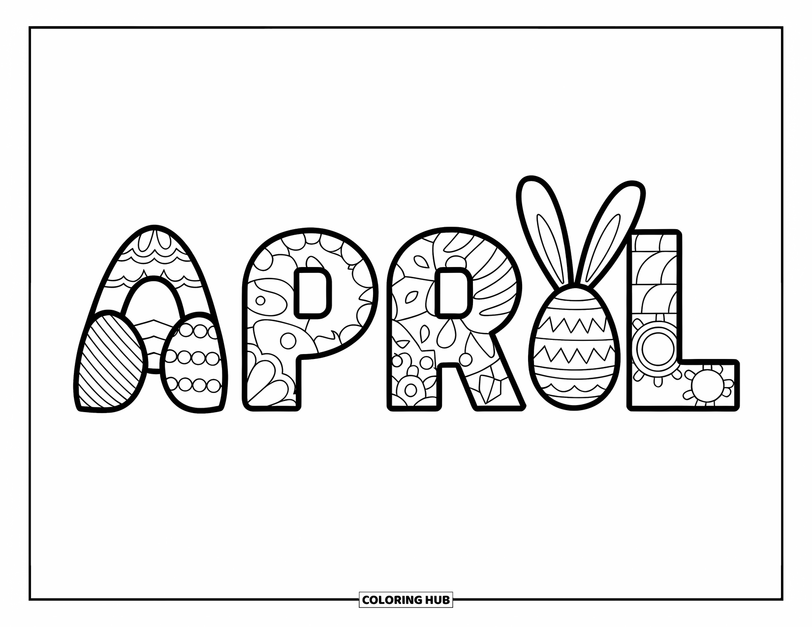 April Coloring Page for Kids: Modern "April" letters with bunnies and patterned Easter eggs