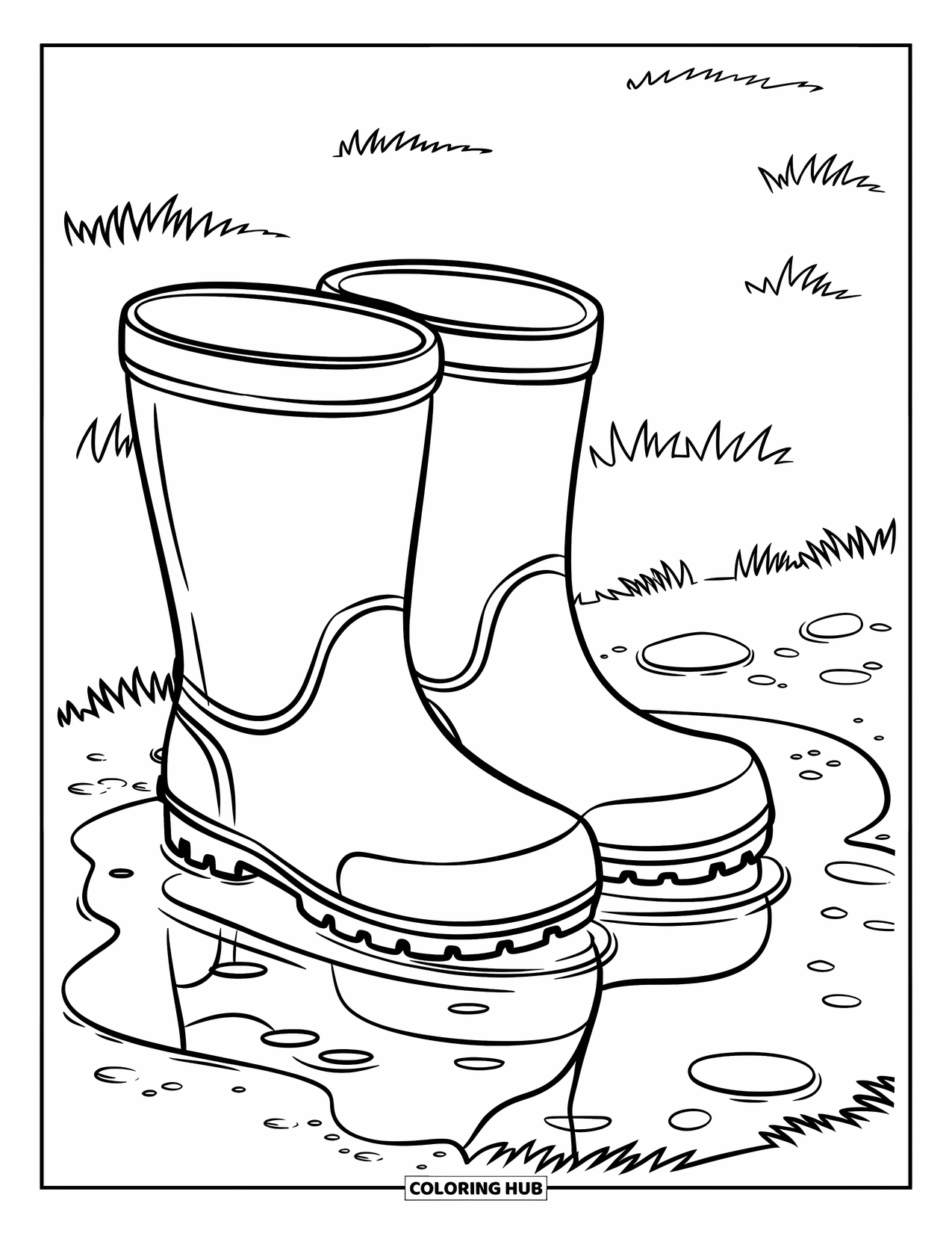 April Coloring Page for Kids: Rain boots and puddle with stones and short grass