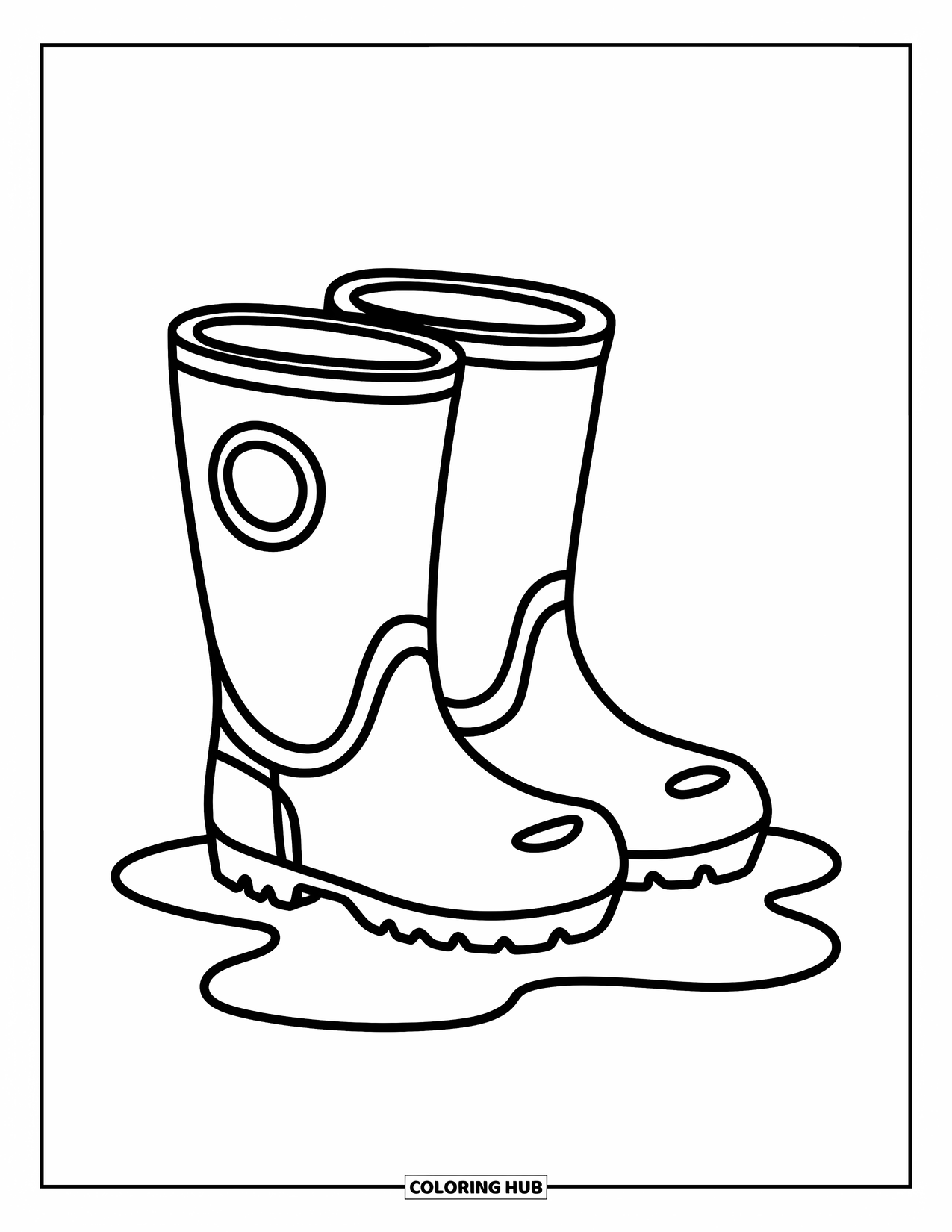 April Coloring Page for Kids: Rain boots next to a small puddle on the ground