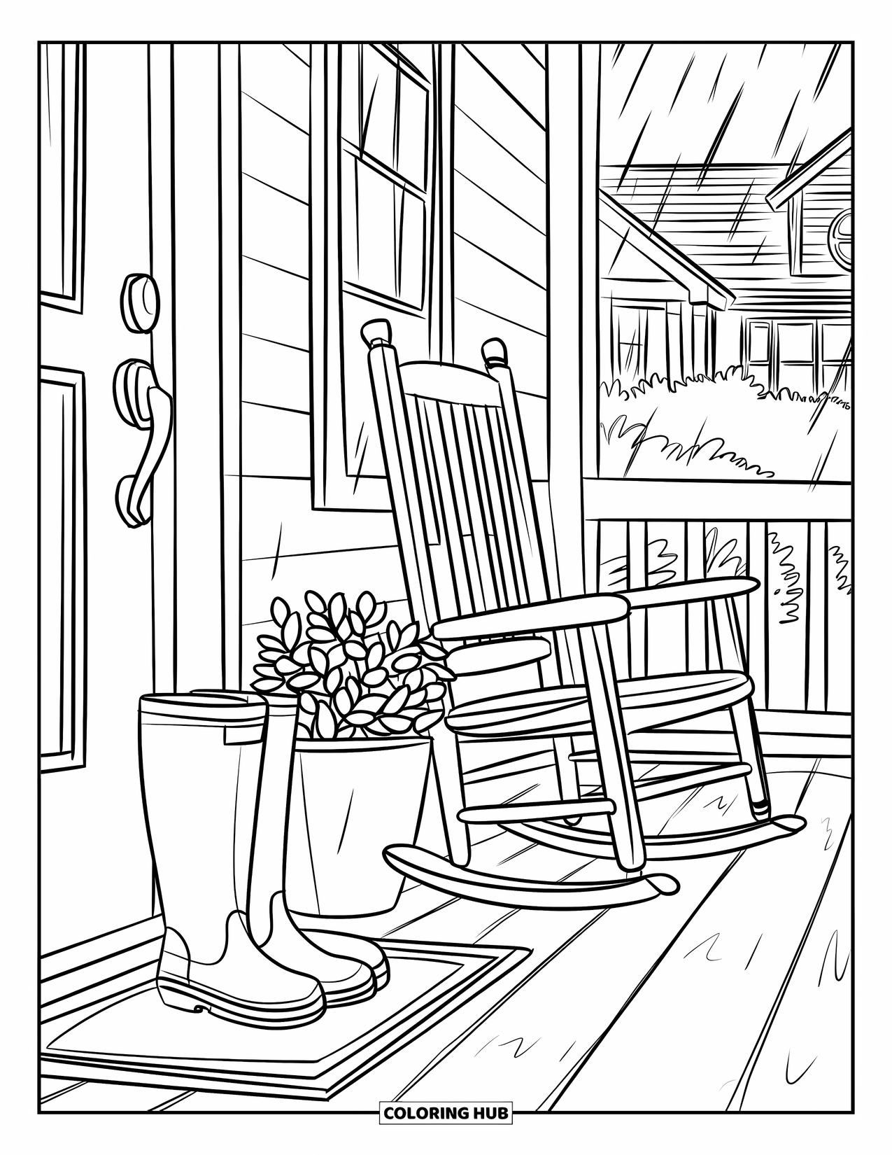 April Coloring Page for Kids: Rain falling on a porch with boots and a rocking chair