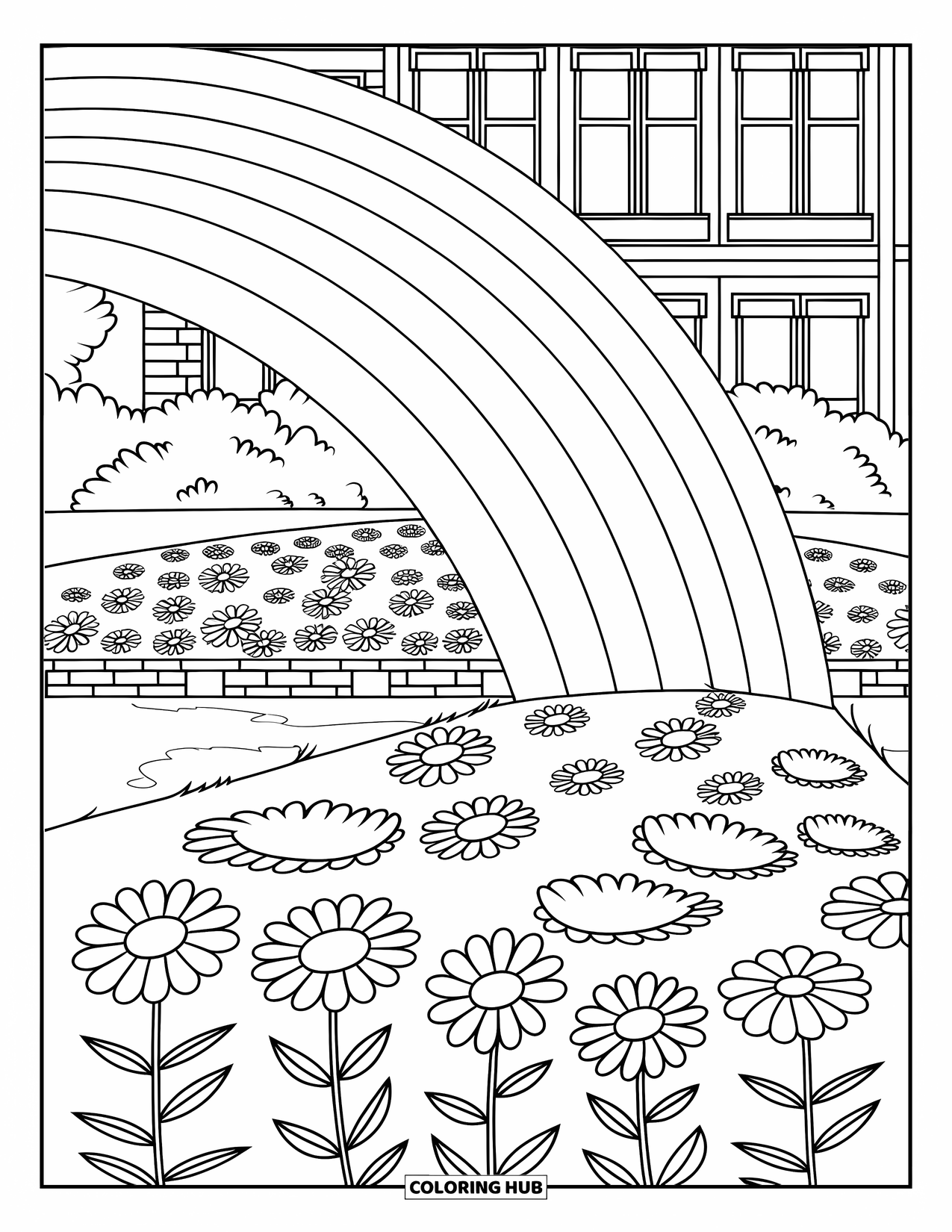 April Coloring Page for Kids: Rainbow over flowers and a stone wall by a building