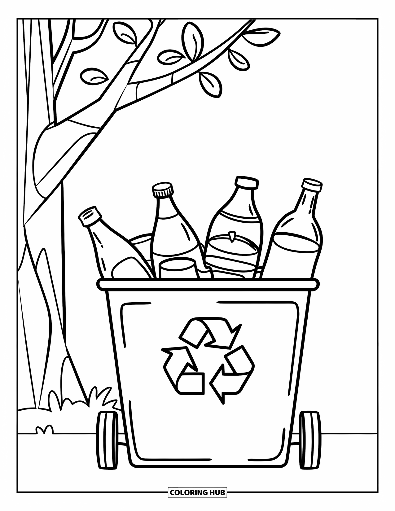 April Coloring Page for Kids: Recycling bin filled with bottles and cans under a tree