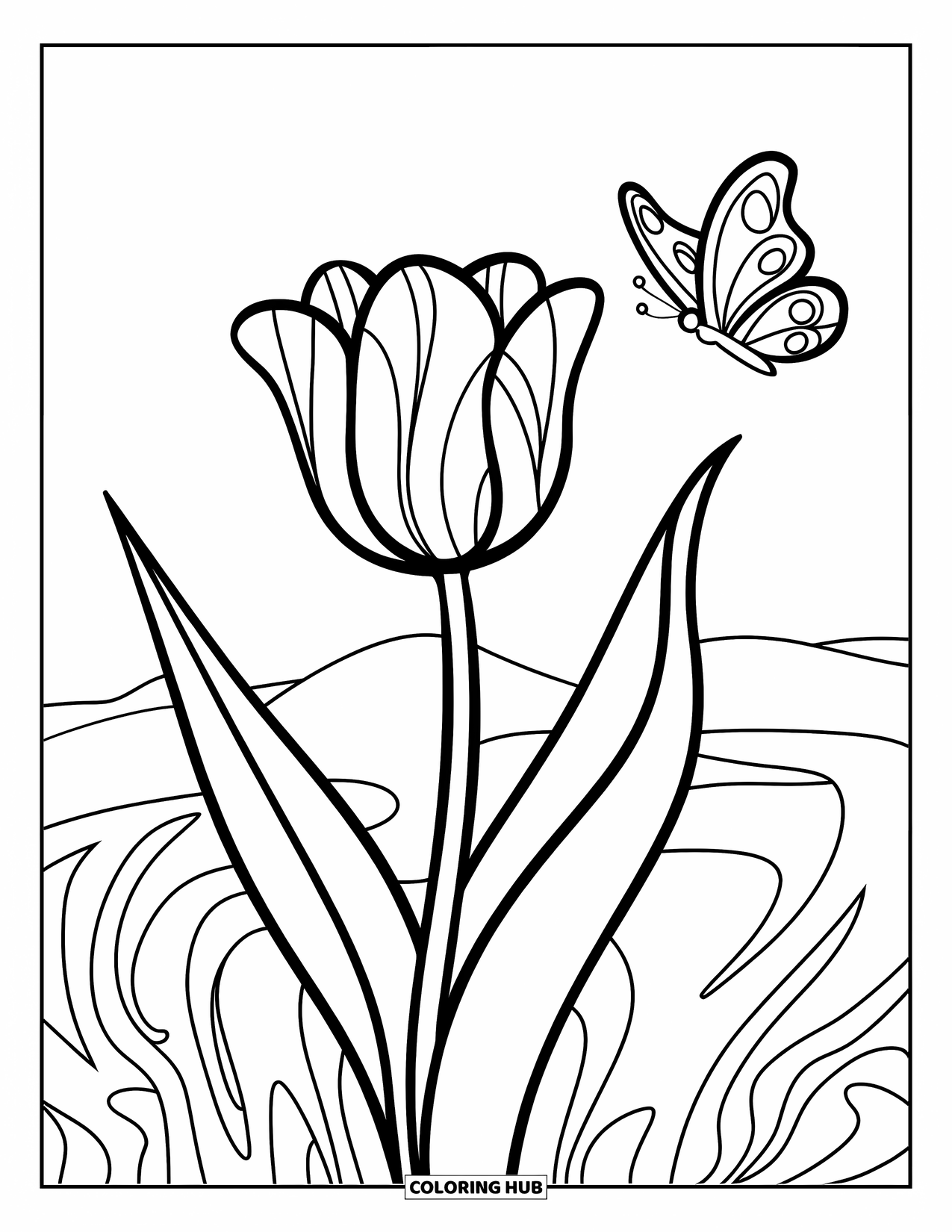 April Coloring Page for Kids: Single tulip with butterfly in a playful style
