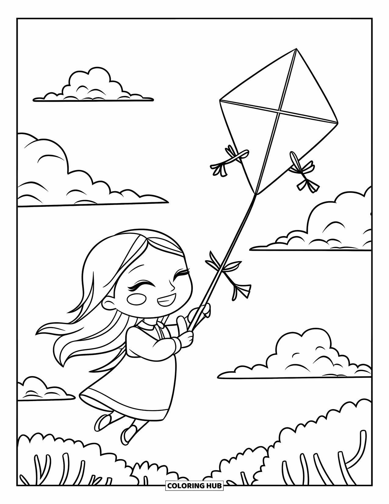 April Coloring Page for Kids: Smiling chibi girl flying a kite in the wind