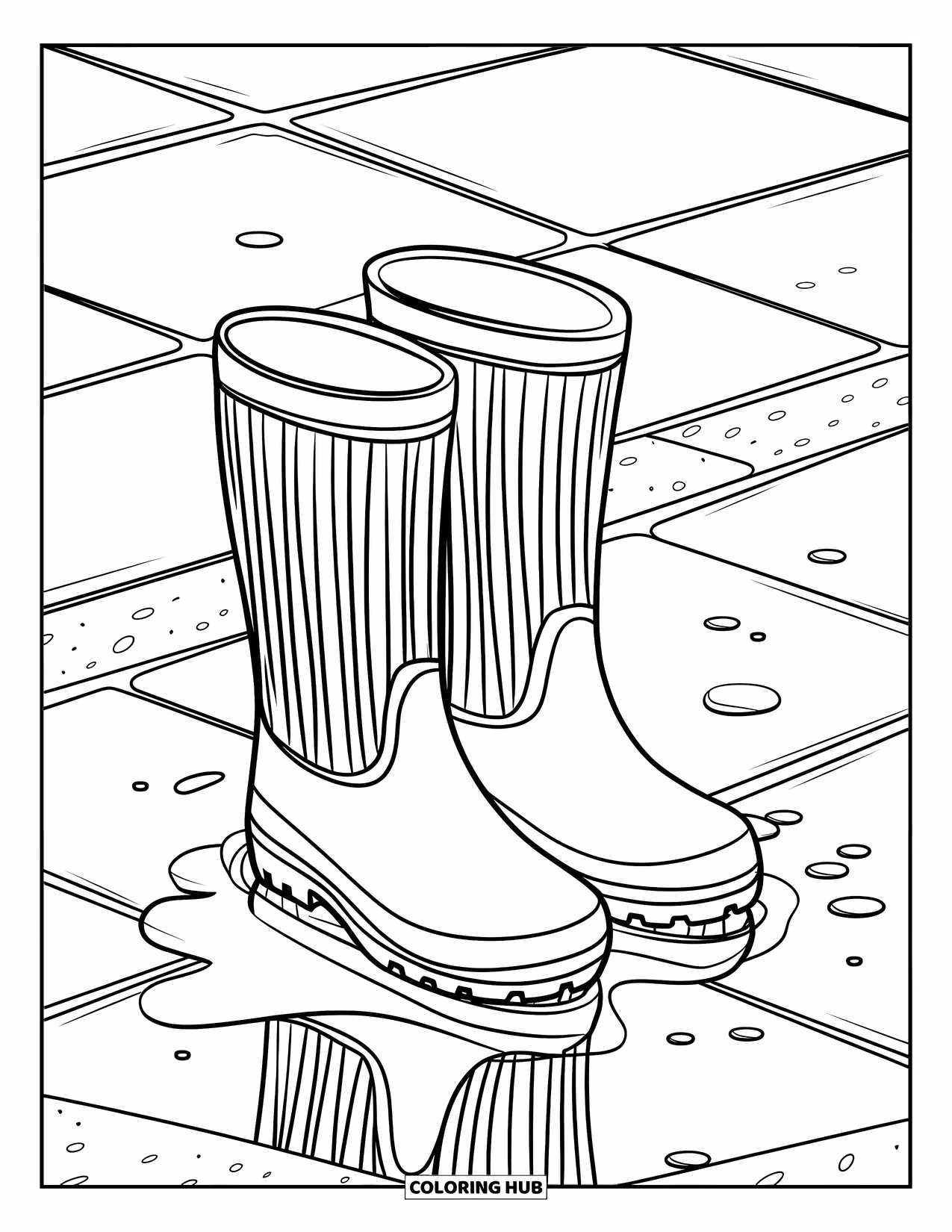 April Coloring Page for Kids: Striped rain boots beside a puddle with a reflection