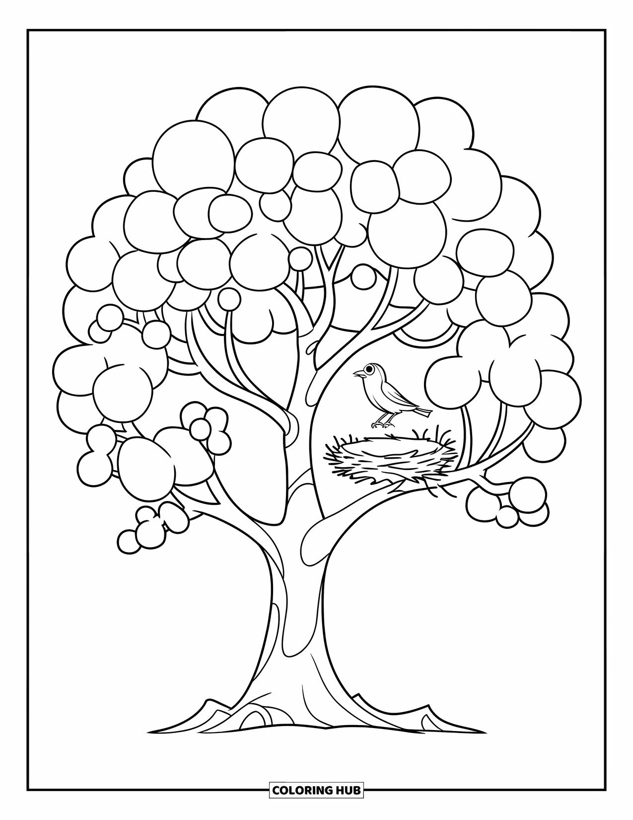 April Coloring Page for Kids: Tree with a bird nest and a bird perched nearby