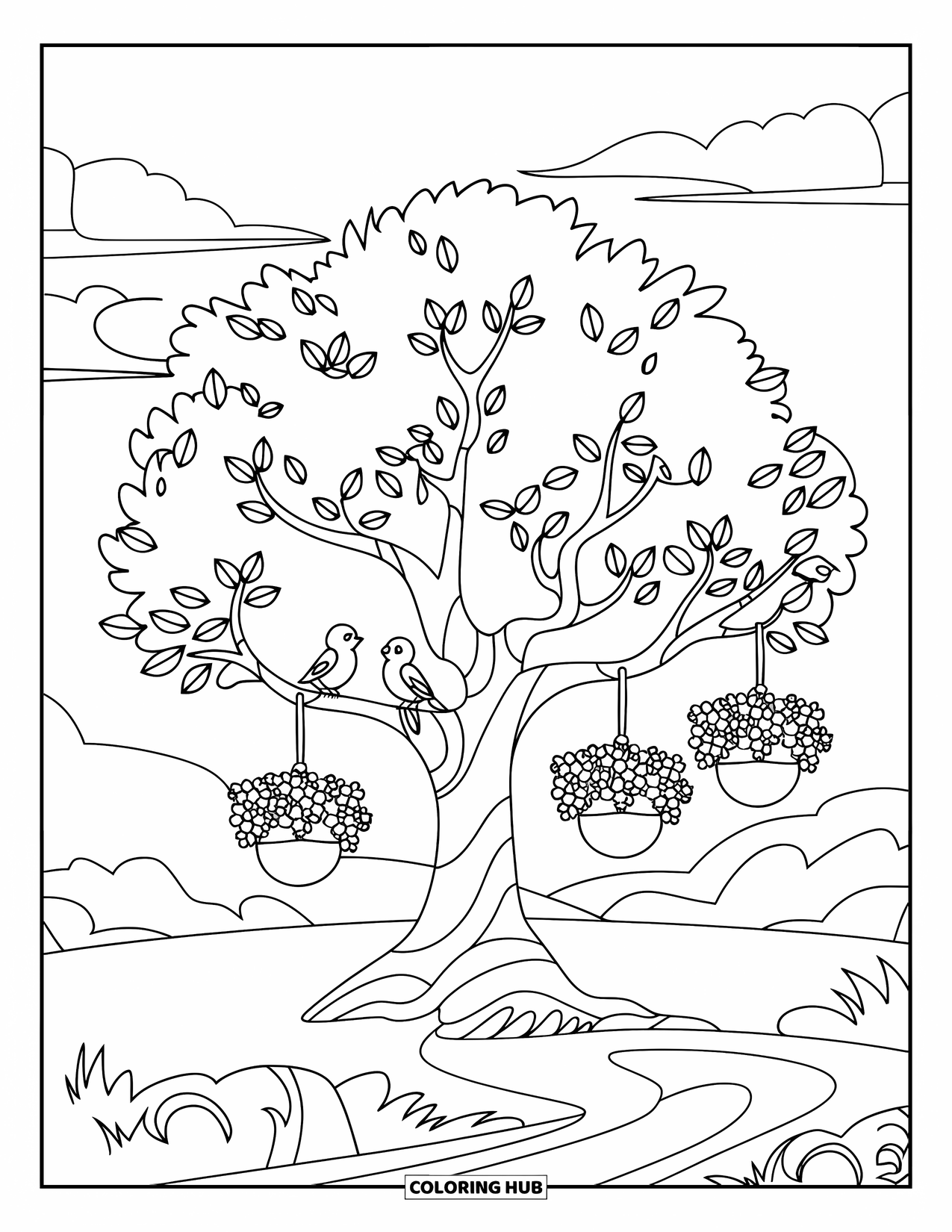 April Coloring Page for Kids: Tree with birds, flower baskets, and a winding path below