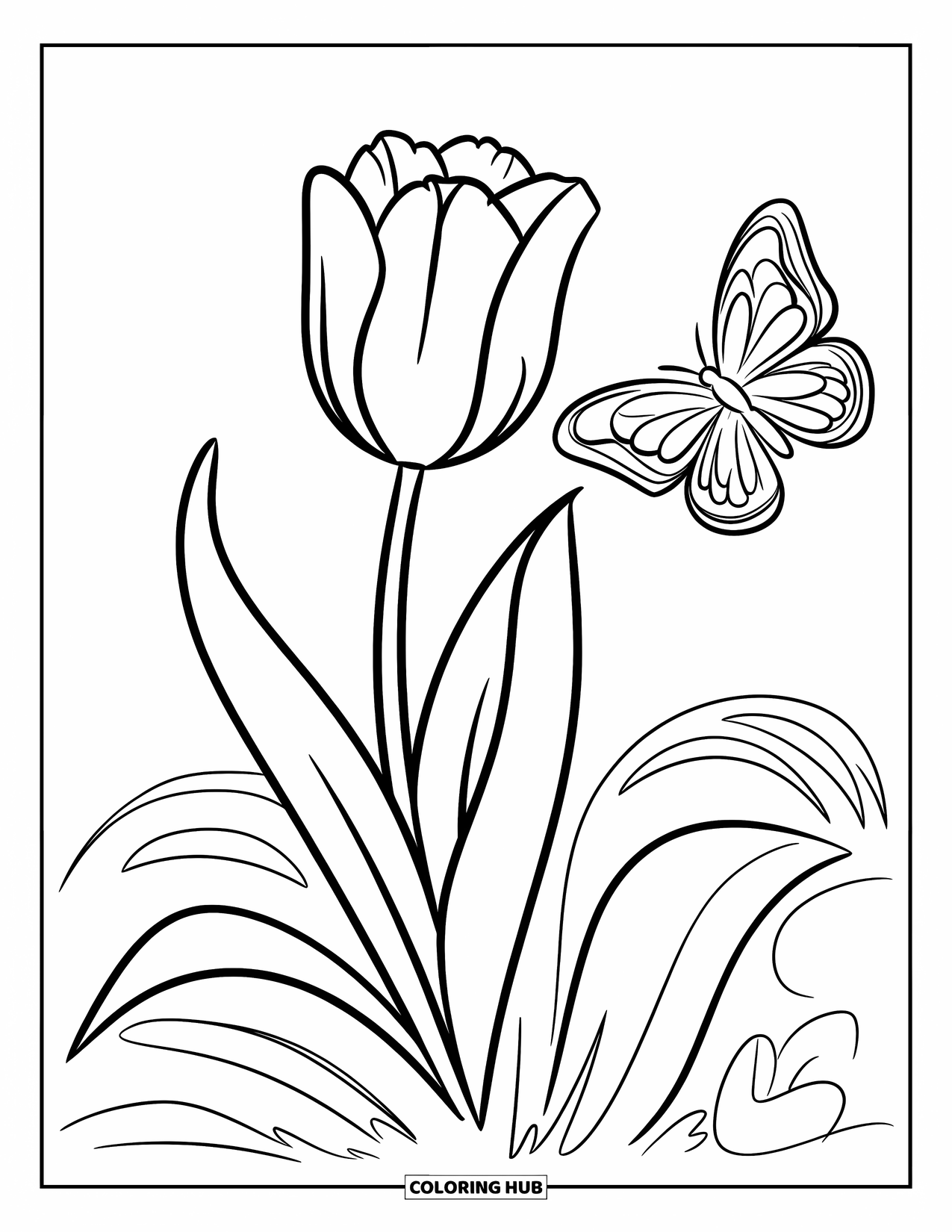 April Coloring Page for Kids: Tulip and butterfly floating in a simple spring scene