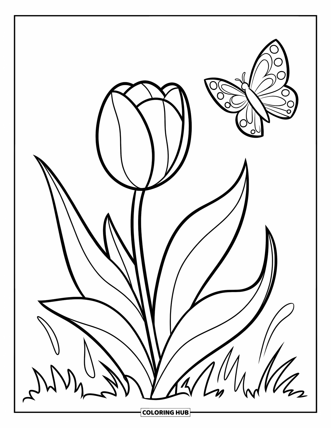 April Coloring Page for Kids: Tulip and butterfly with bold lines on a white background