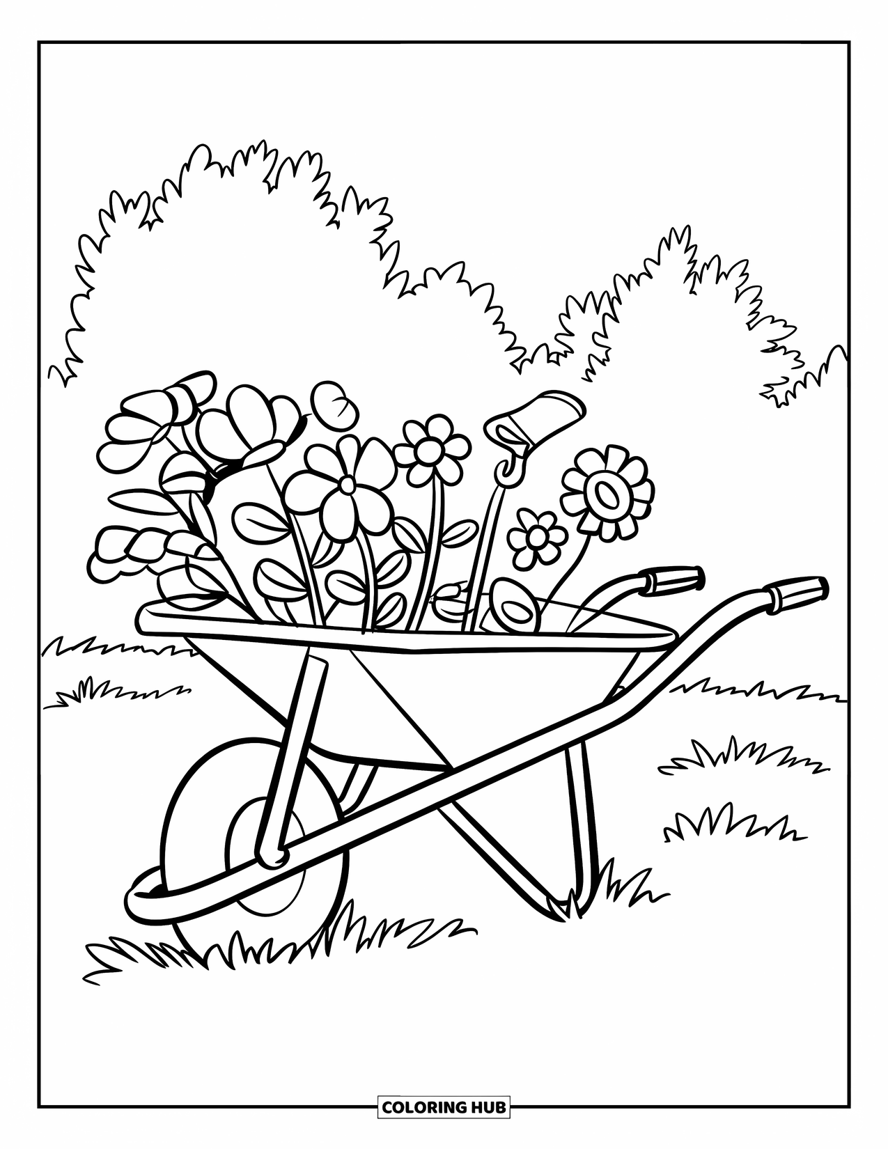 April Coloring Page for Kids: Wheelbarrow filled with flowers and gardening tools