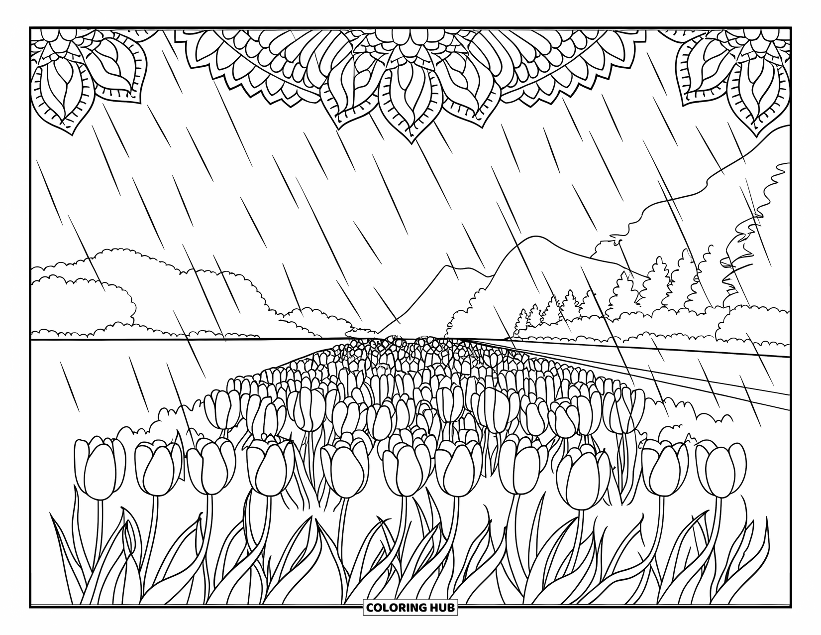 April Showers Coloring Page for Adults: Blooming tulip field showered by April rain with mandala border
