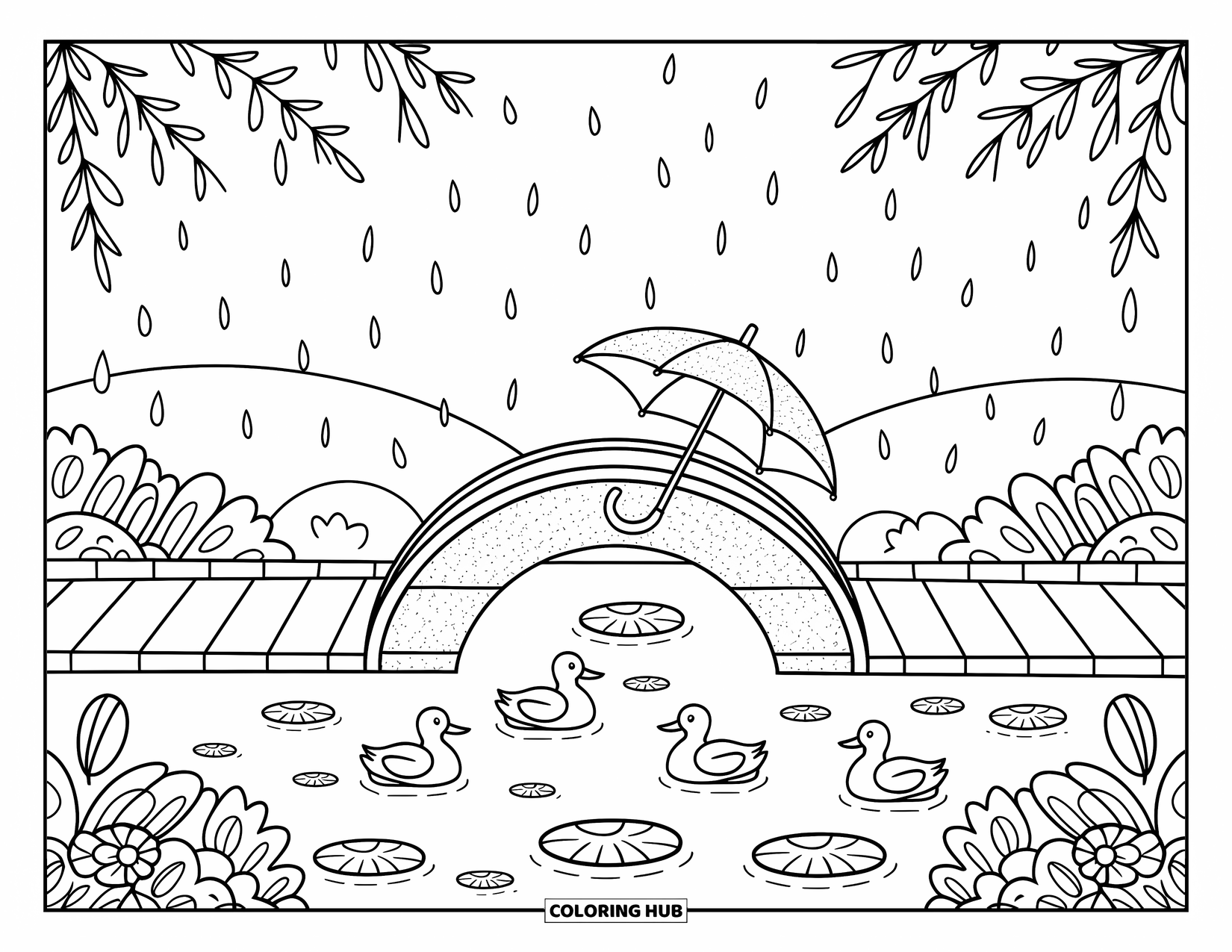 April Showers Coloring Page for Adults: Bridge with ducks, lily pads, umbrella, and flower petals drifting