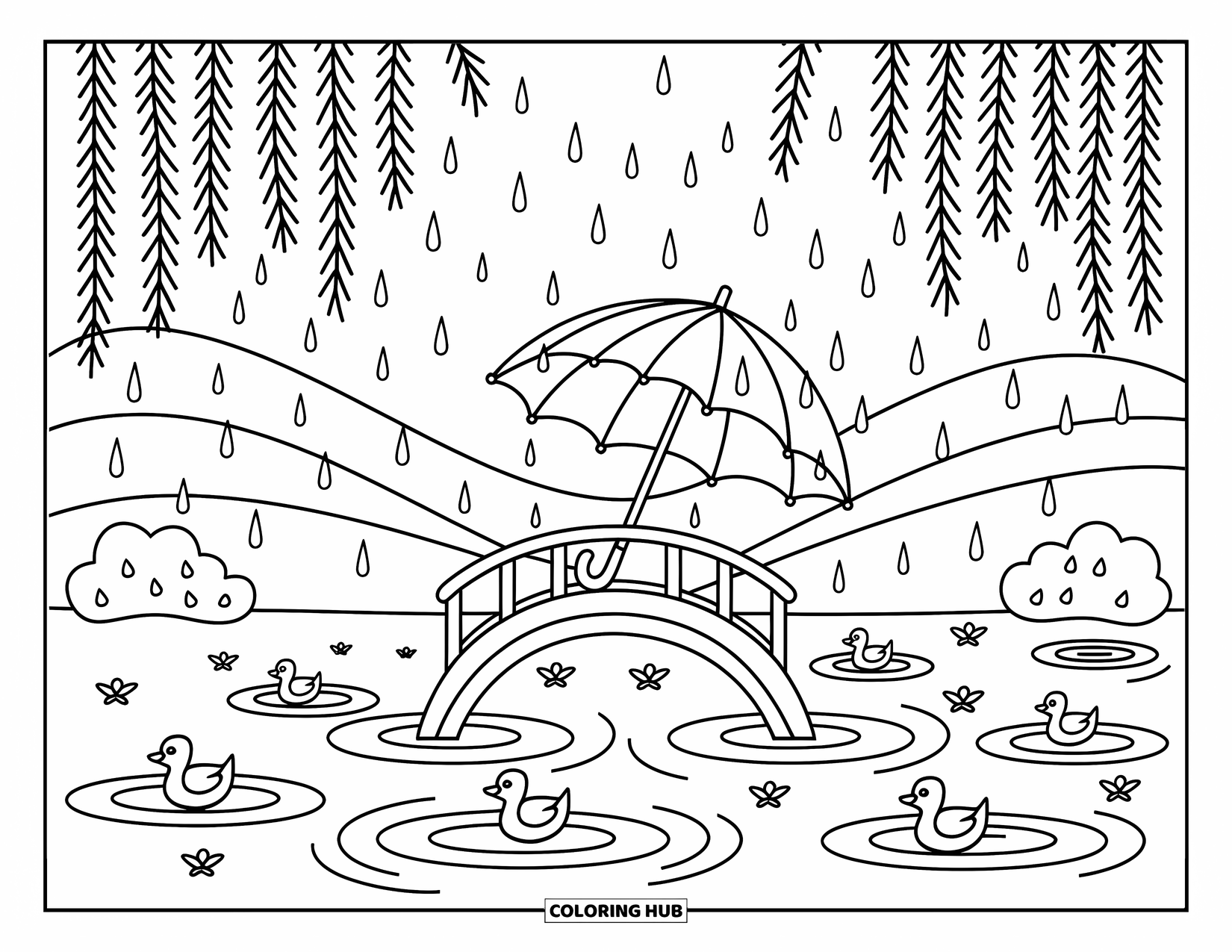 April Showers Coloring Page for Adults: Bridge with umbrella, ducks, lily pads, and falling petals