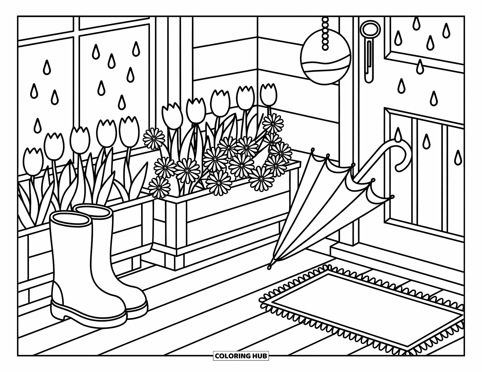 April Showers Coloring Page for Adults: Porch scene with boots, umbrella, flower boxes, and falling raindrops