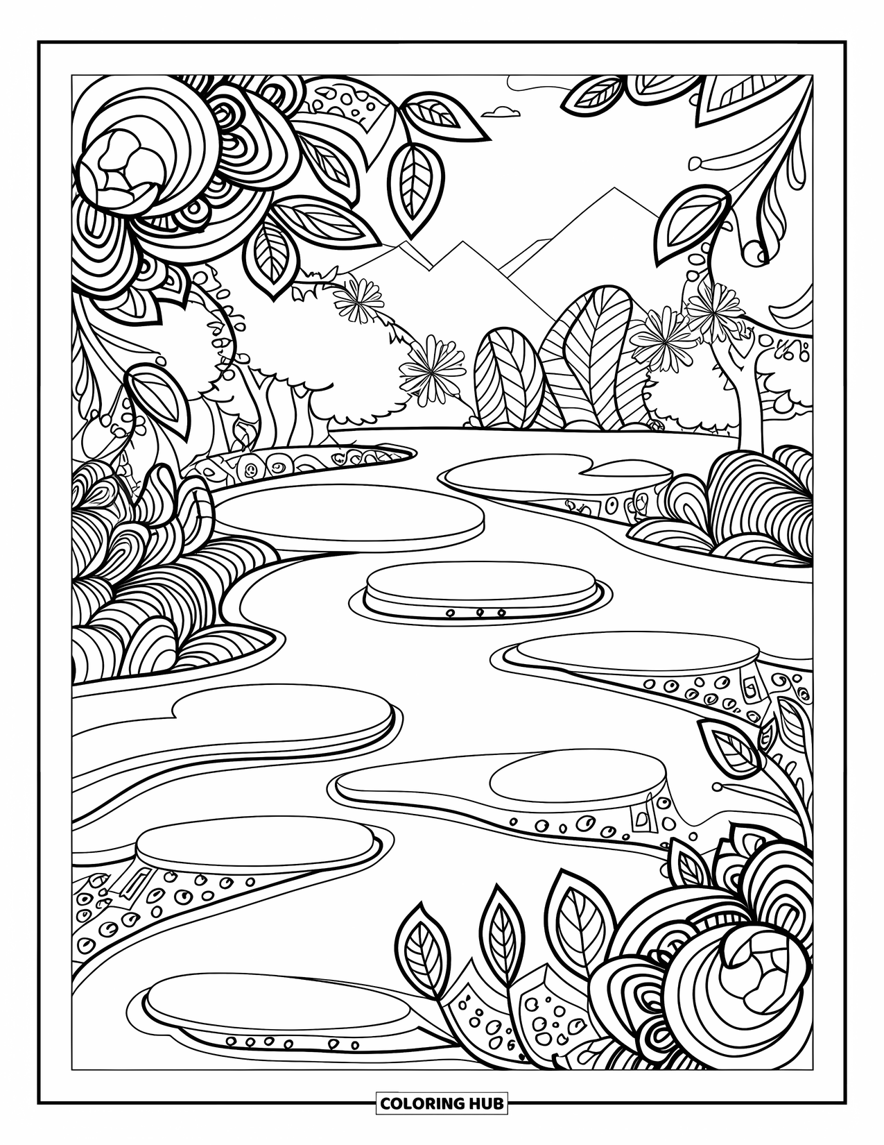April Showers Coloring Page for Adults: Puddles with mandala borders and mountain landscape