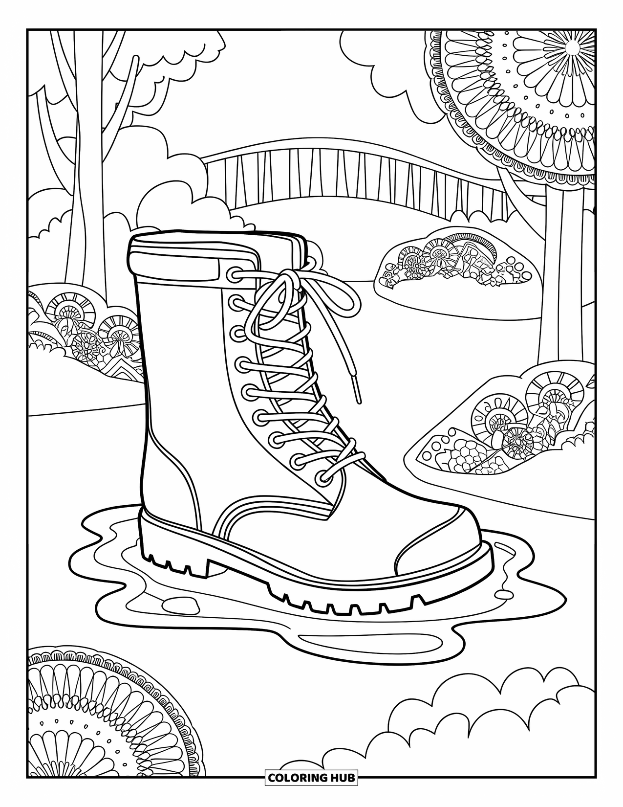 April Showers Coloring Page for Adults: Rain boot resting in puddles with botanical mandala frame